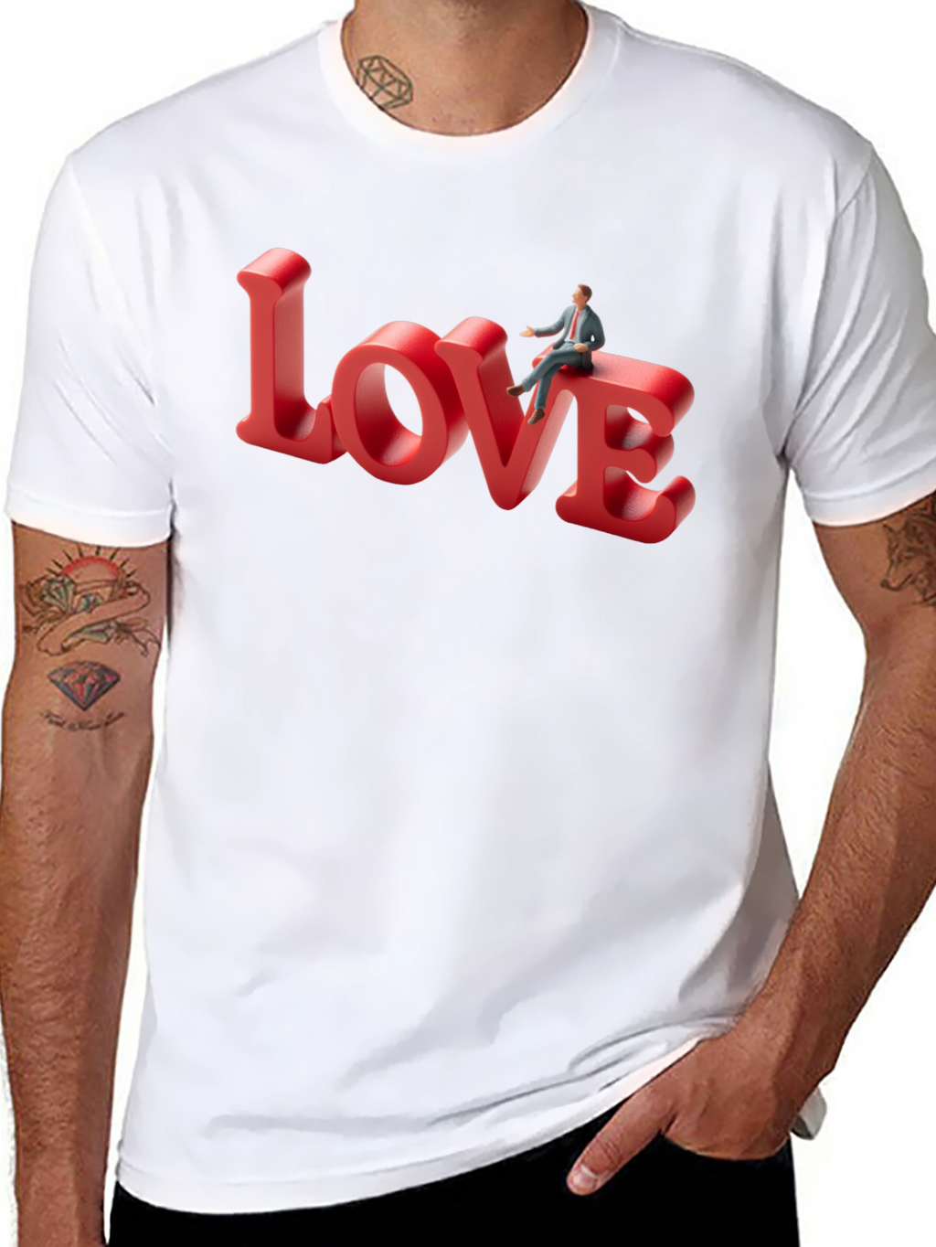 Love T-Shirt: Man Sitting on Word Art