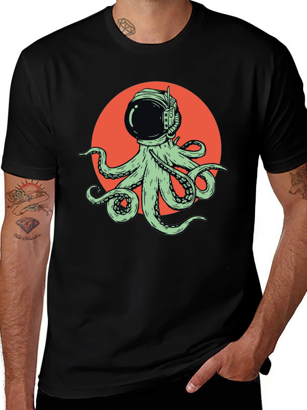 Octopus Astronaut Graphic Tee - Black Cotton T-Shirt