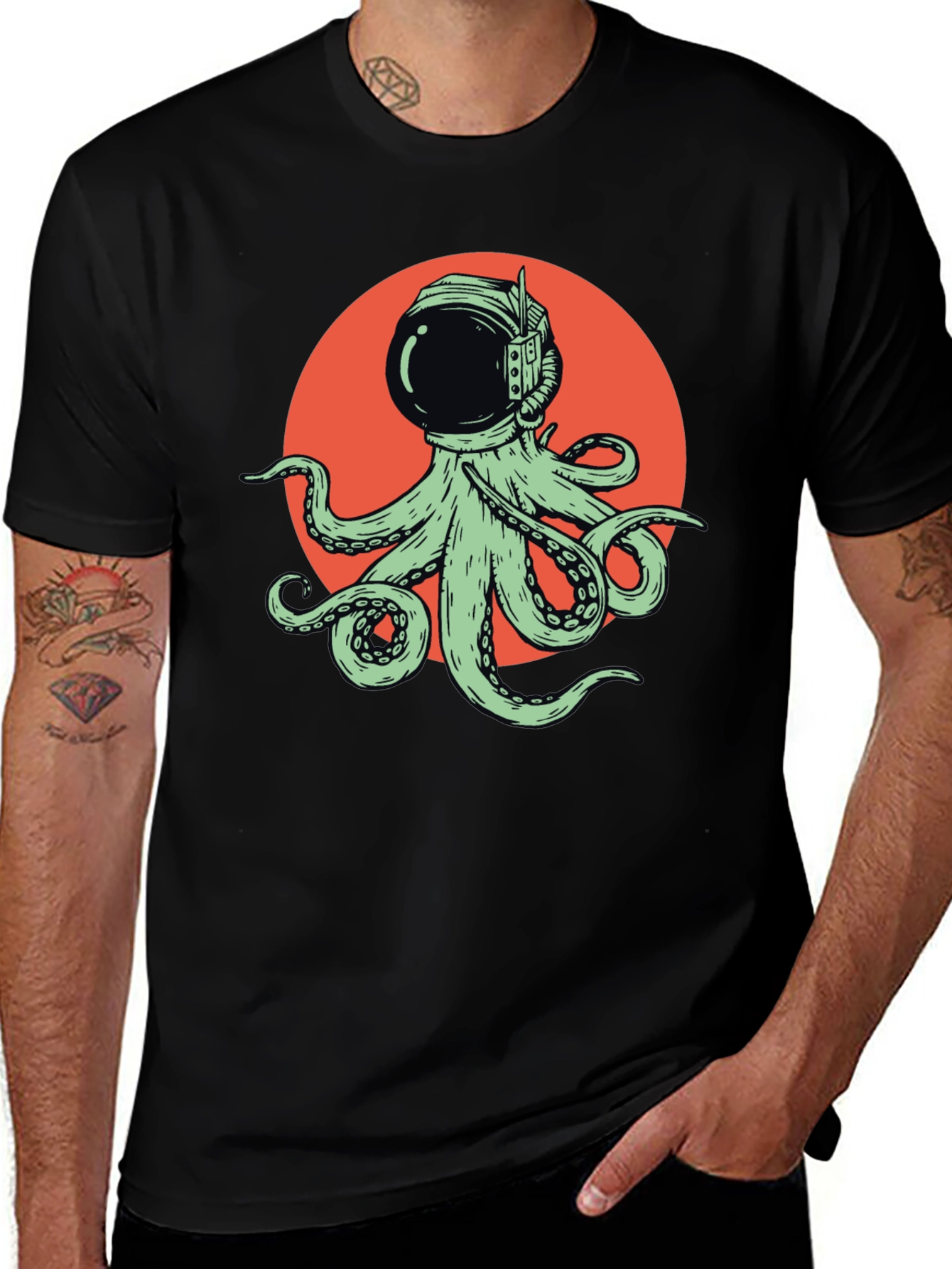 Octopus Astronaut Graphic Tee - Black Cotton T-Shirt