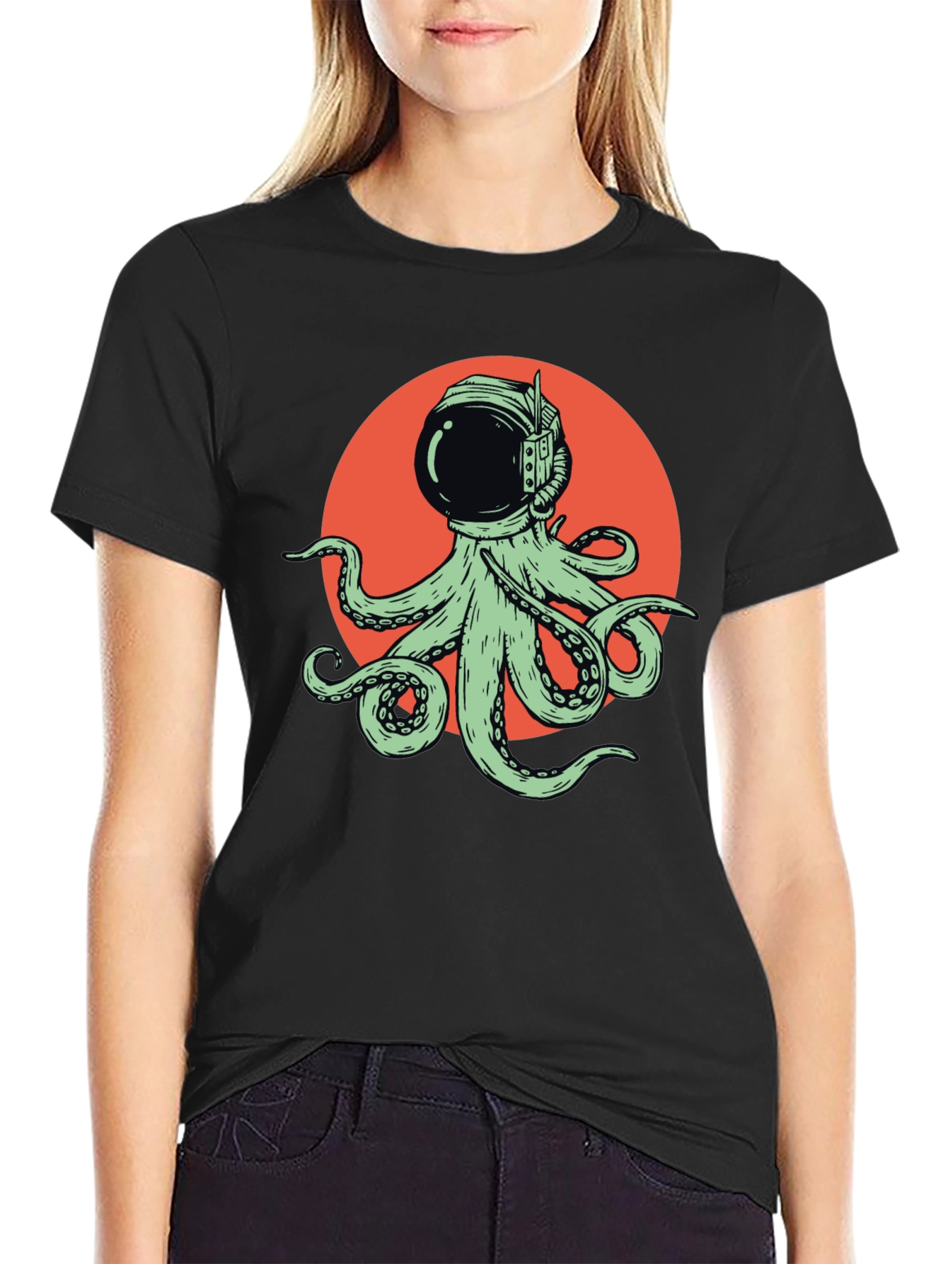 Octopus Astronaut Graphic Tee - Black Cotton T-Shirt