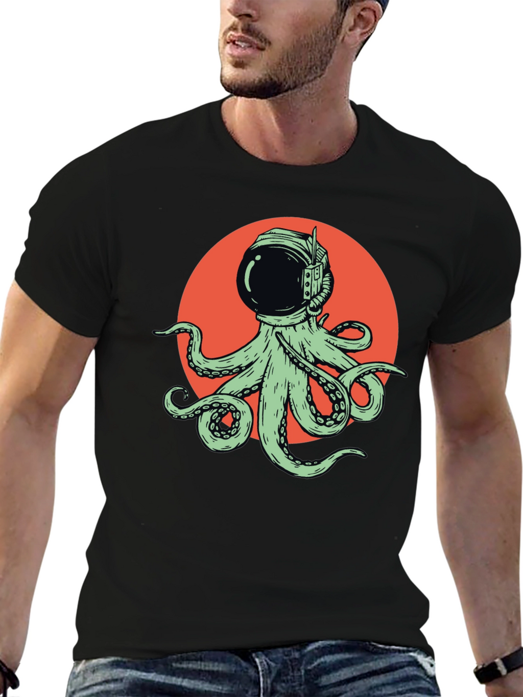 Octopus Astronaut Graphic Tee - Black Cotton T-Shirt