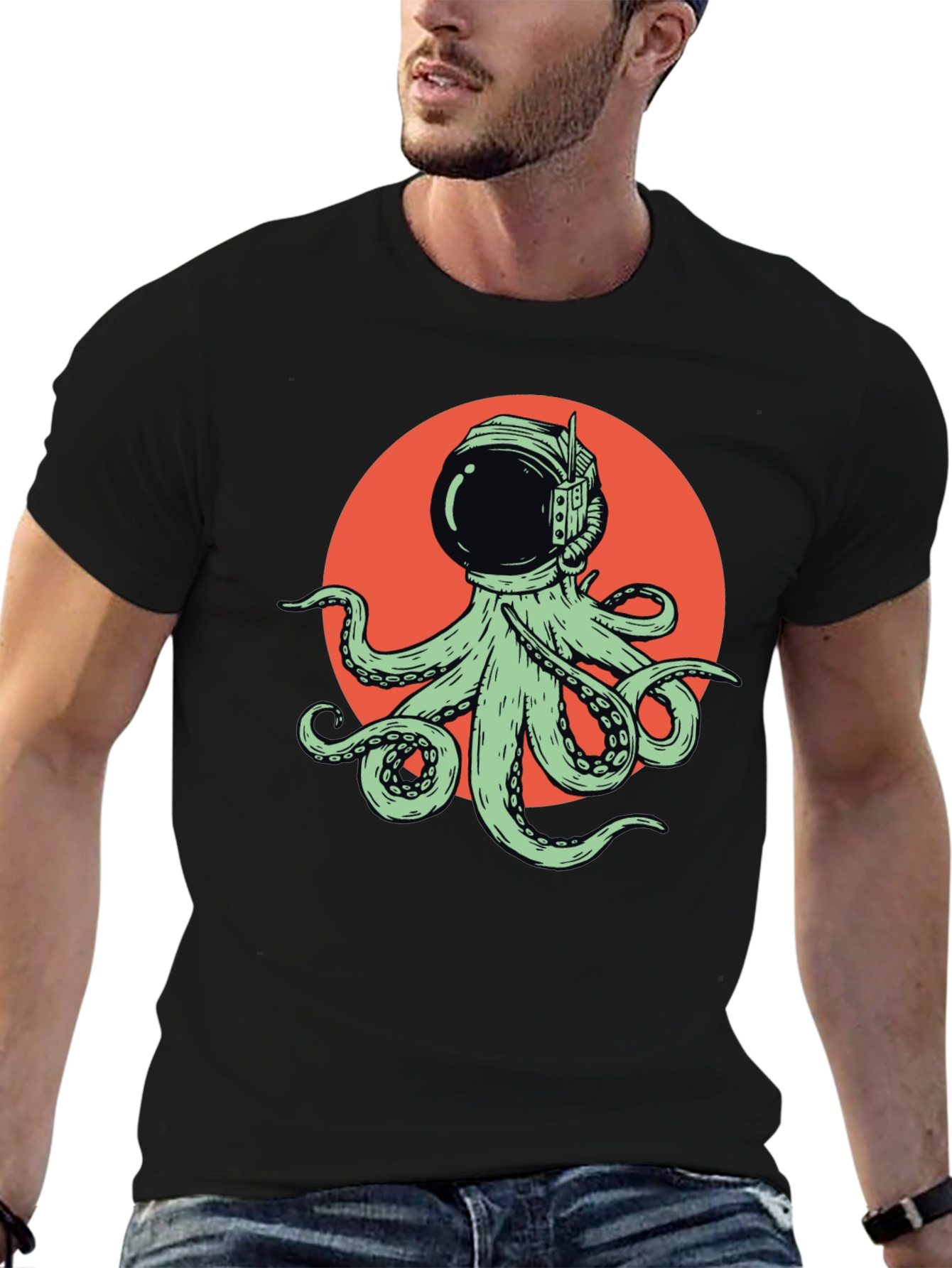 Octopus Astronaut Graphic Tee - Black Cotton T-Shirt
