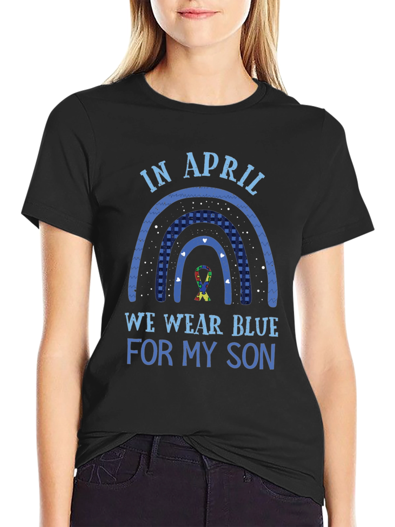 Autism Awareness Blue Rainbow T-Shirt - In April We Wear Blue