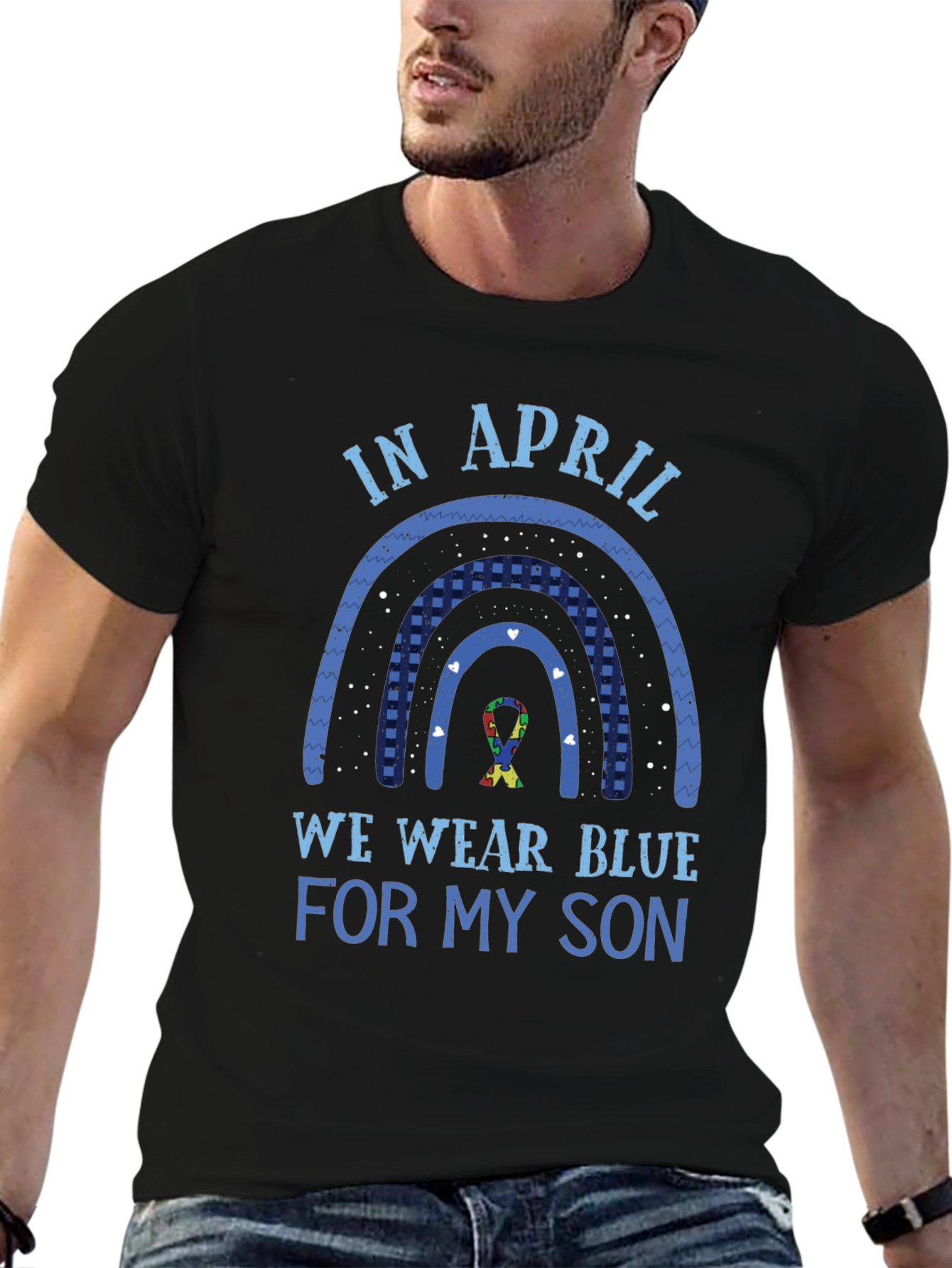 Autism Awareness Blue Rainbow T-Shirt - In April We Wear Blue