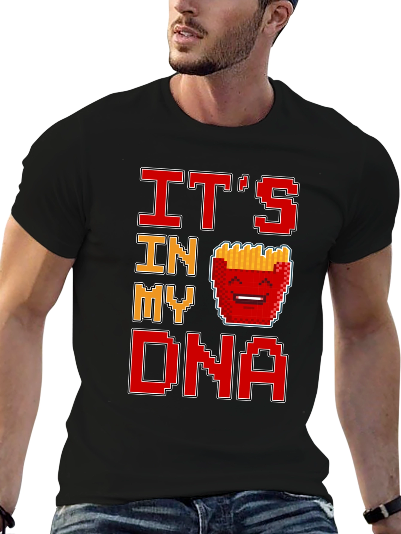 Its In My DNA Fries Pixel Art Black T-Shirt