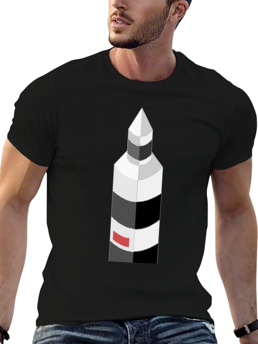 Isometric Lighthouse Graphic Tee - Black Cotton Casual Shirt