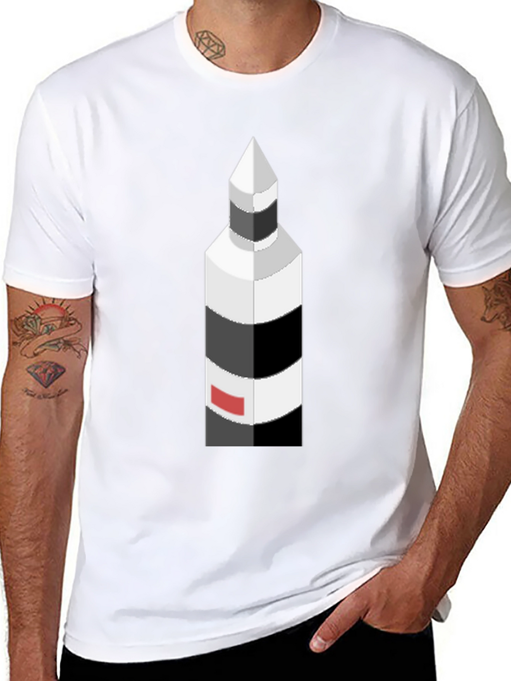 Isometric Lighthouse Graphic Tee - Black Cotton Casual Shirt
