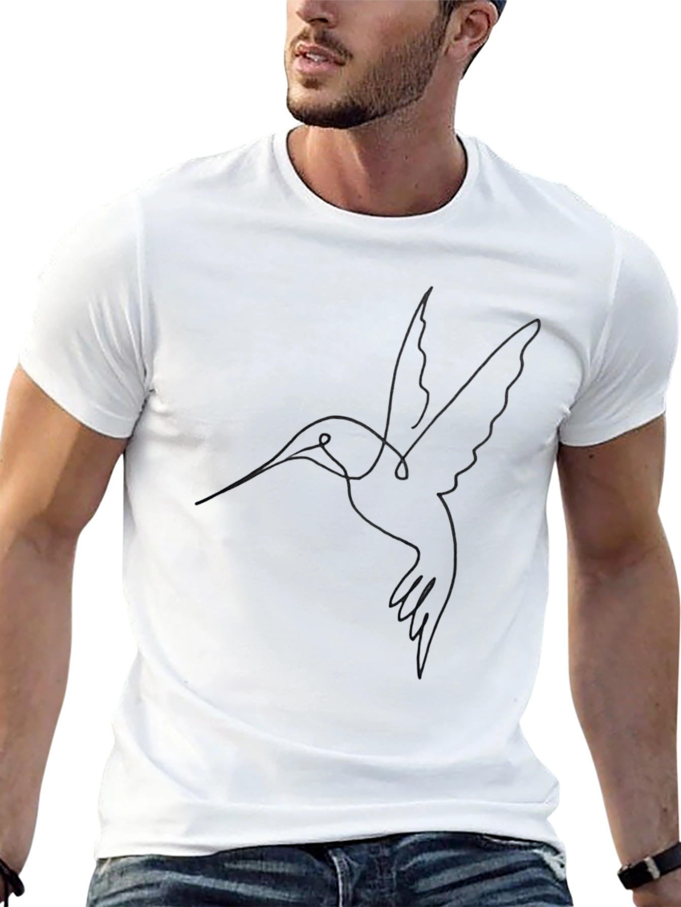 Minimalist Hummingbird Line Art Black T-Shirt