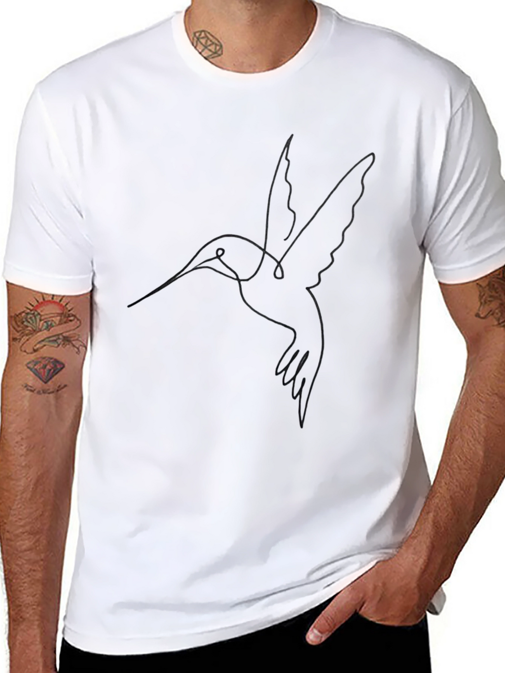 Minimalist Hummingbird Line Art Black T-Shirt