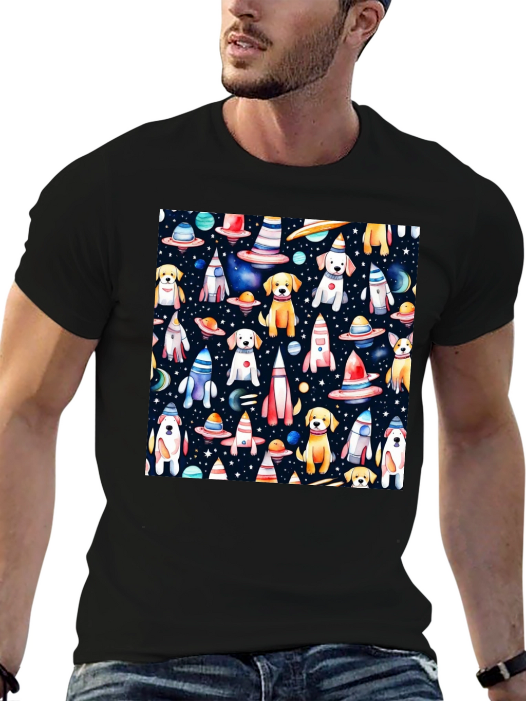 Space Dog Pattern Black T-Shirt