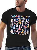 Space Dog Pattern Black T-Shirt