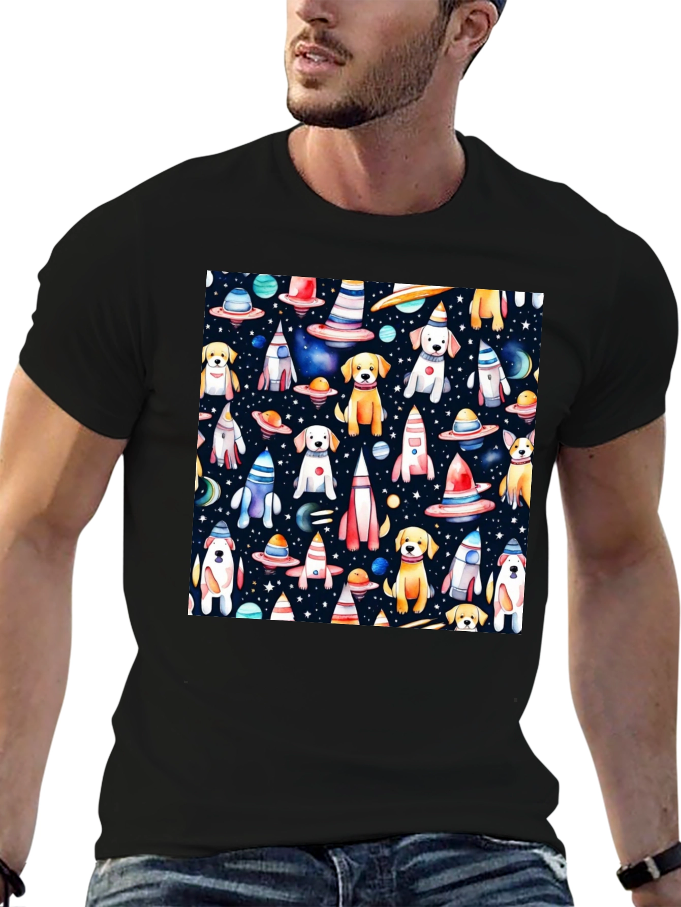 Space Dog Pattern Black T-Shirt