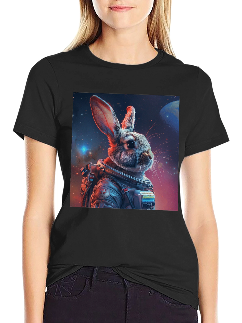 Astronaut Rabbit Graphic Black T-Shirt