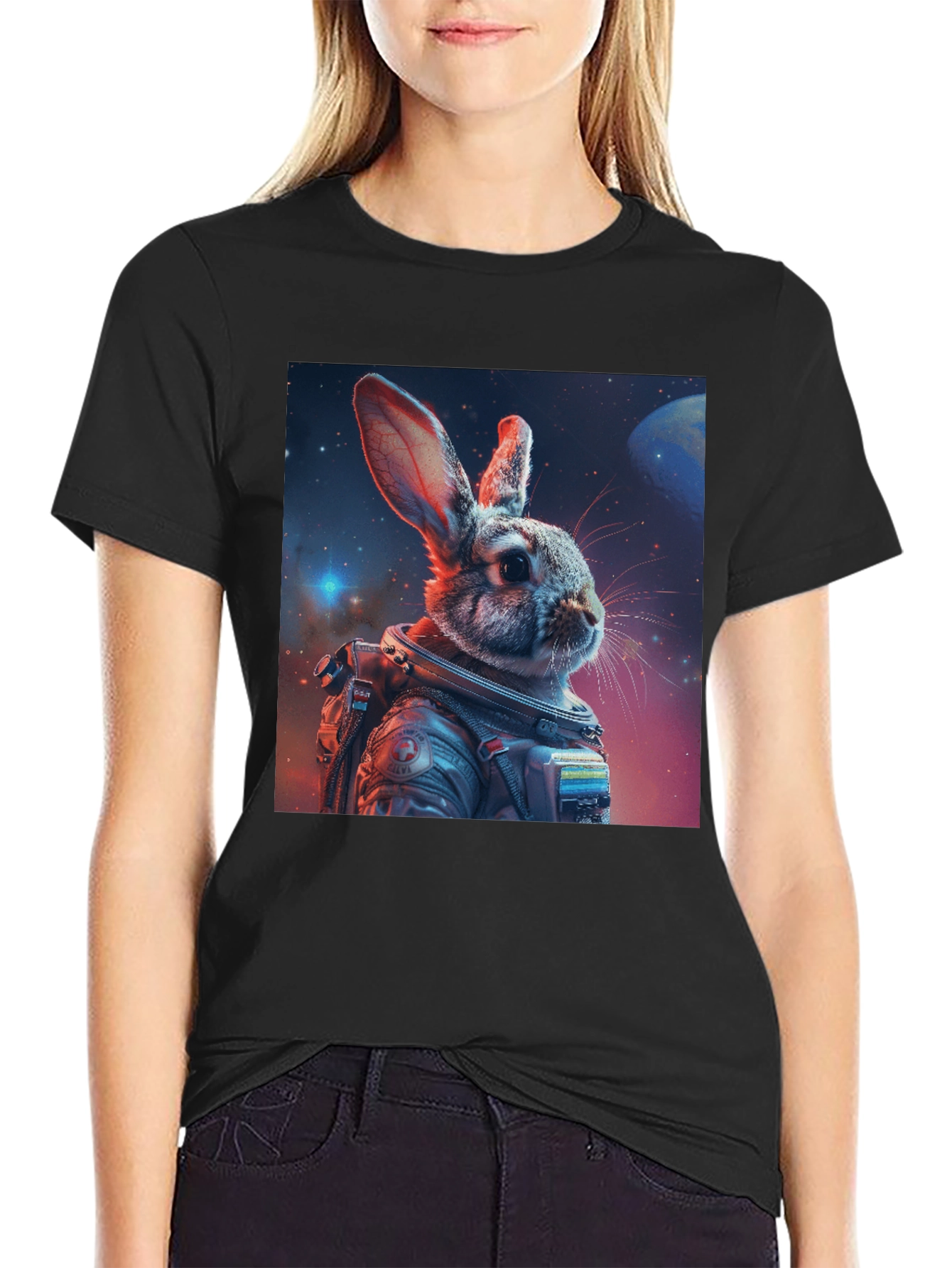 Astronaut Rabbit Graphic Black T-Shirt
