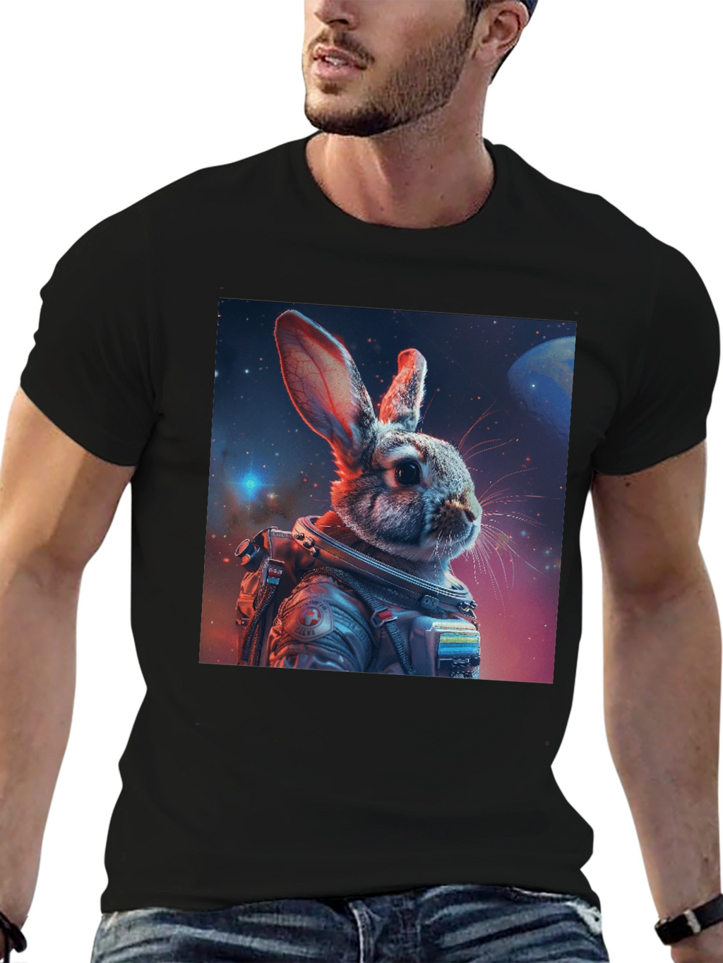 Astronaut Rabbit Graphic Black T-Shirt