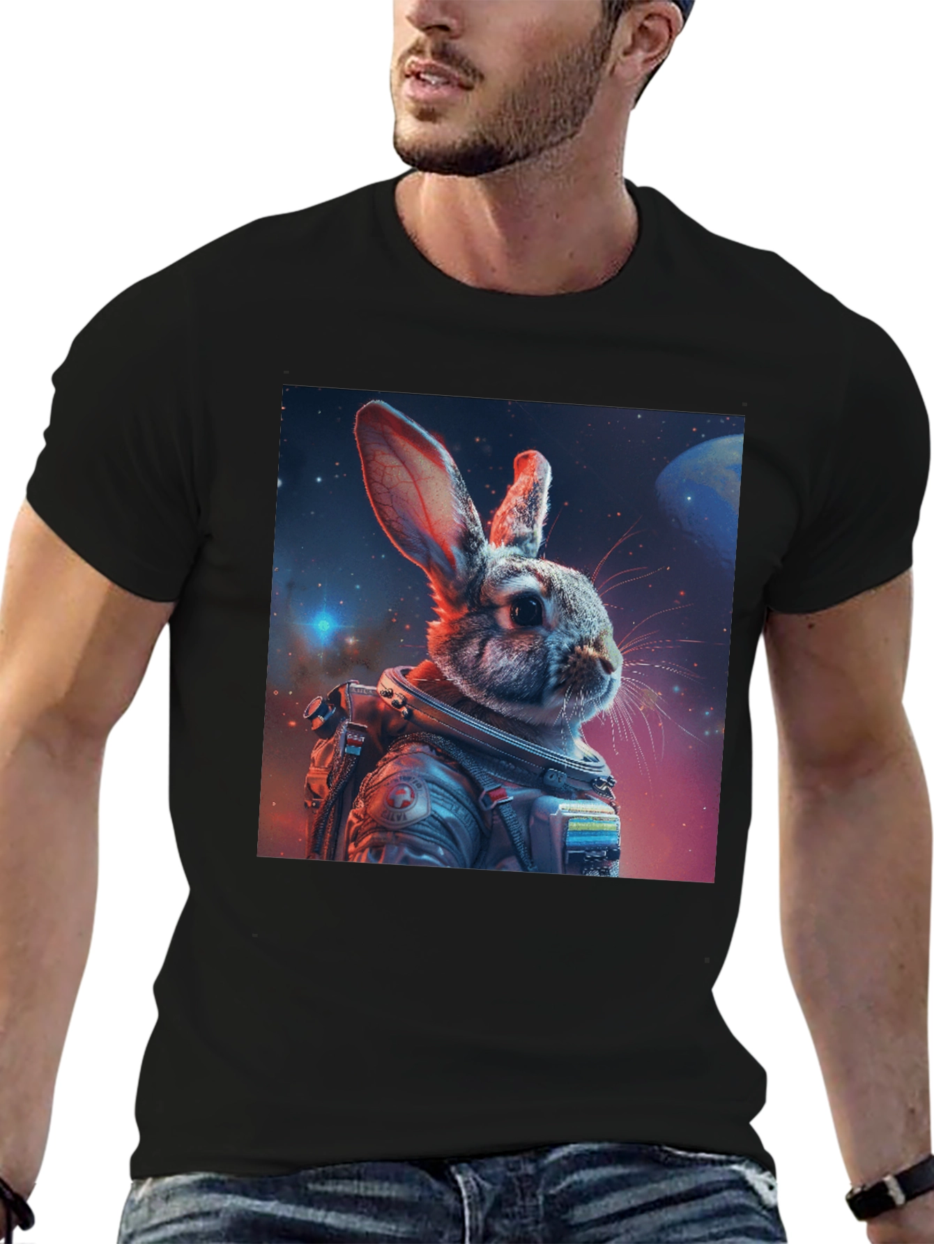 Astronaut Rabbit Graphic Black T-Shirt