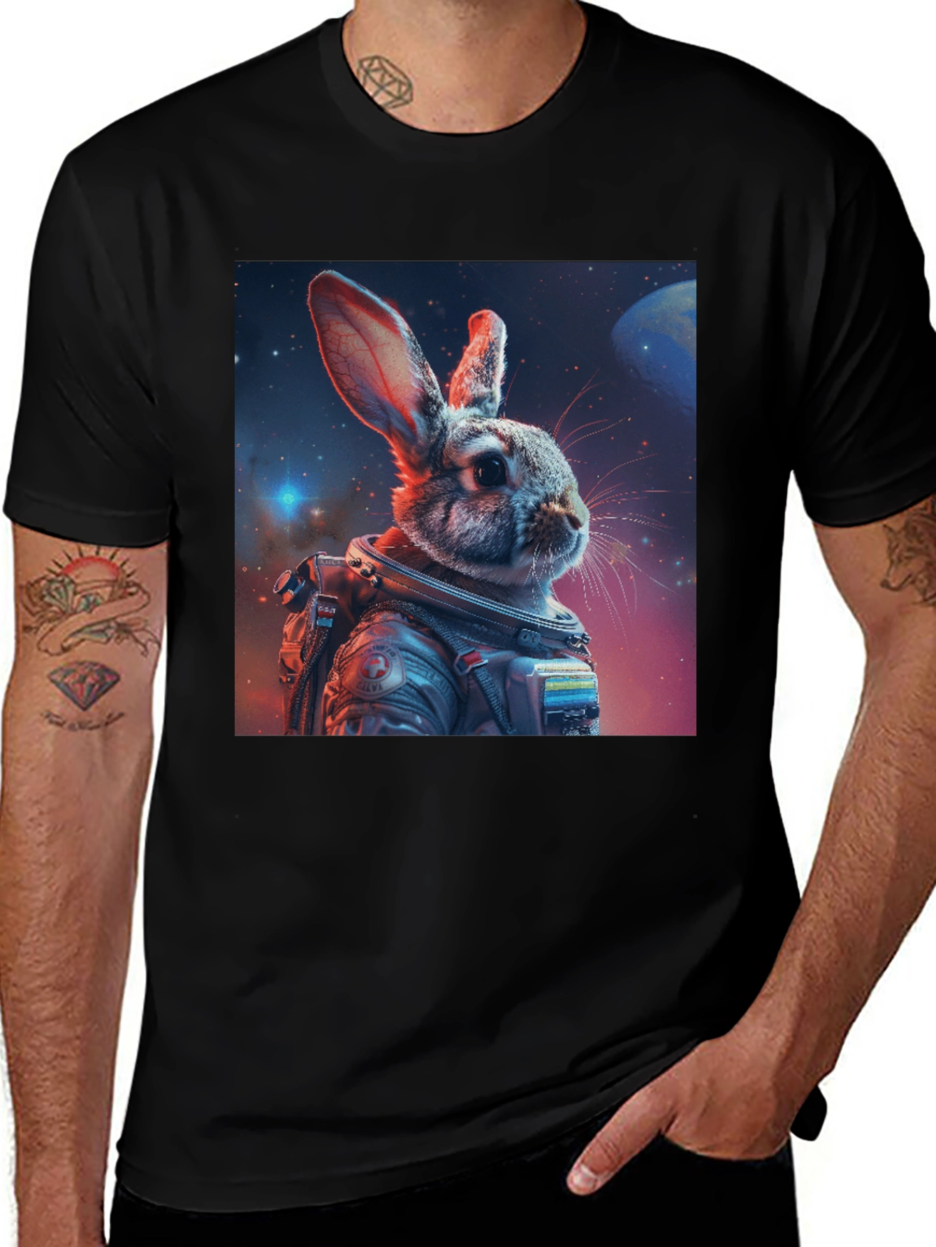 Astronaut Rabbit Graphic Black T-Shirt