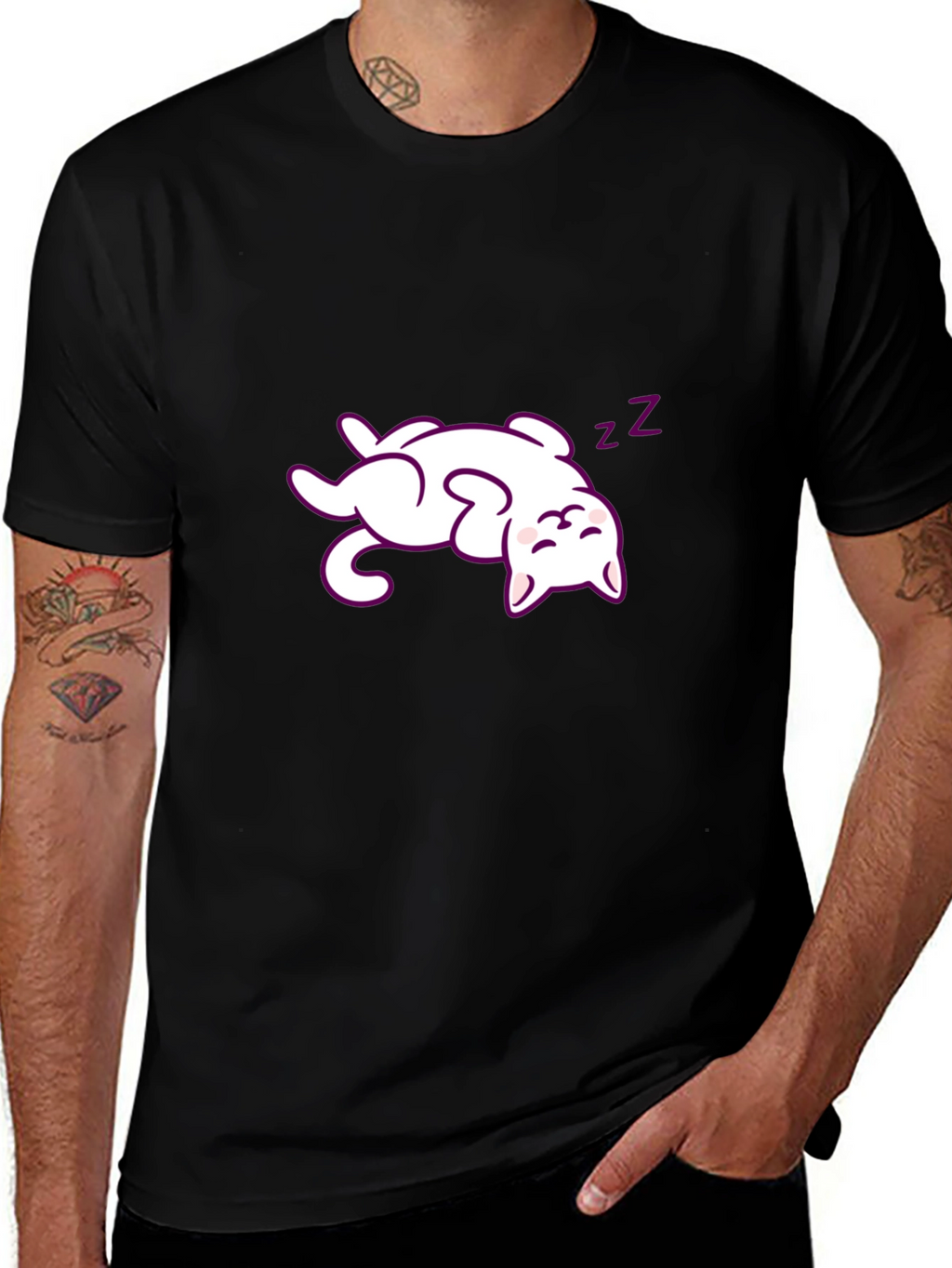 Cute Sleeping Cat Graphic Tee - Black
