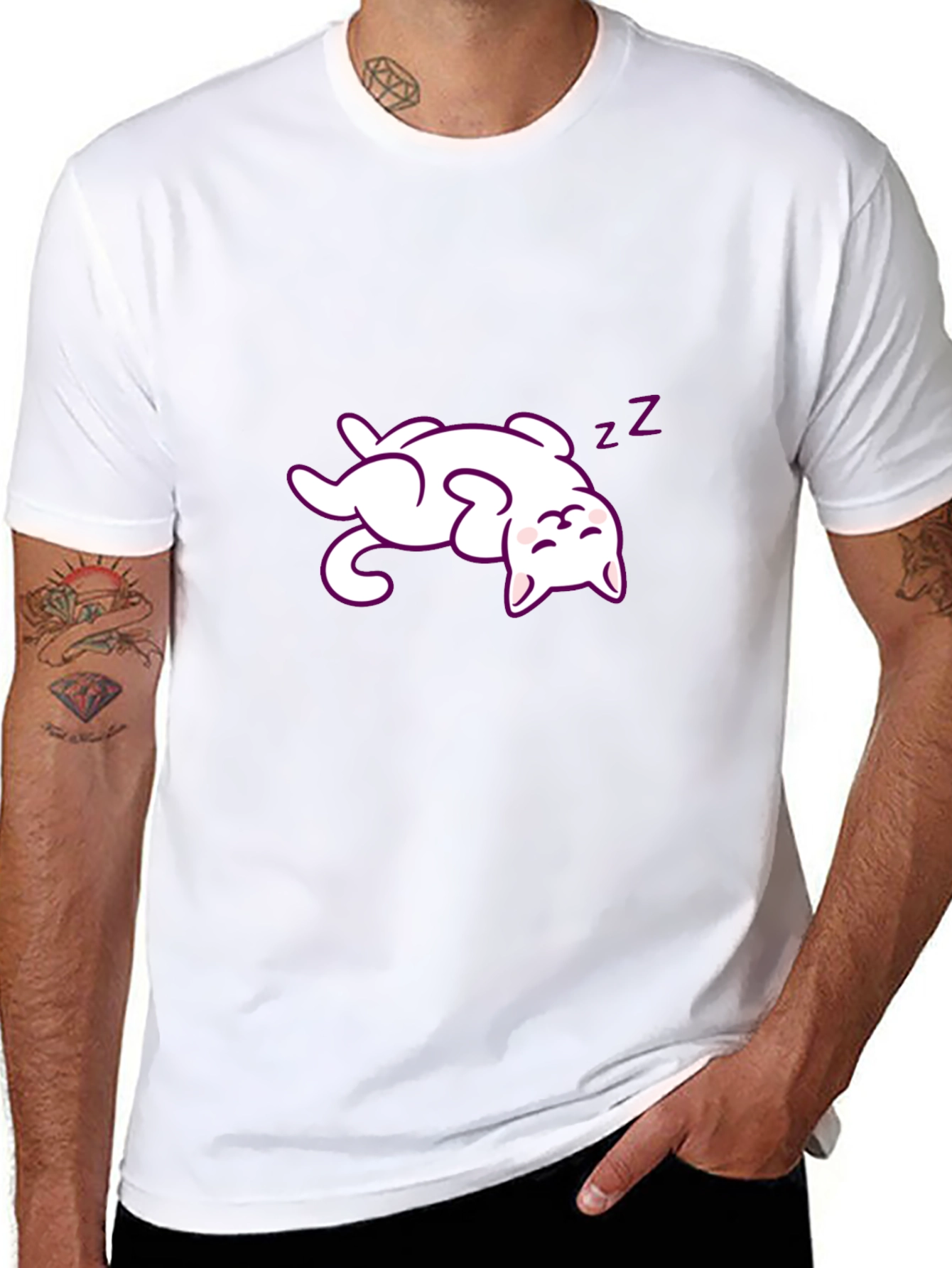 Cute Sleeping Cat Graphic Tee - Black