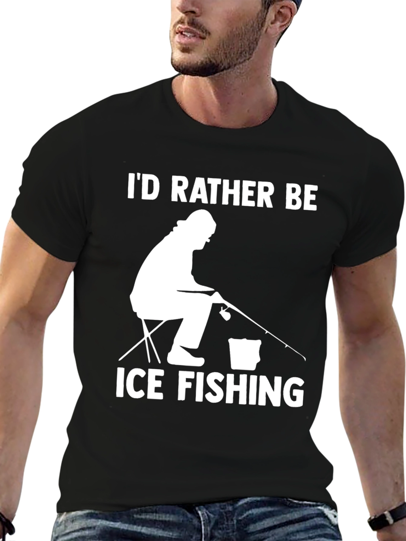 Ice Fishing Graphic Tee - Black Cotton T-Shirt