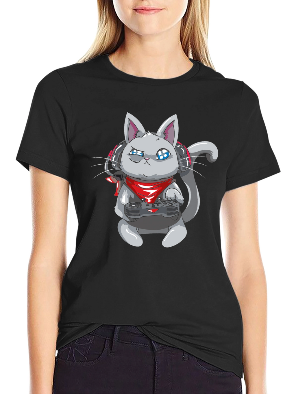 Gamer Cat Black T-Shirt - Gaming Cartoon Tee