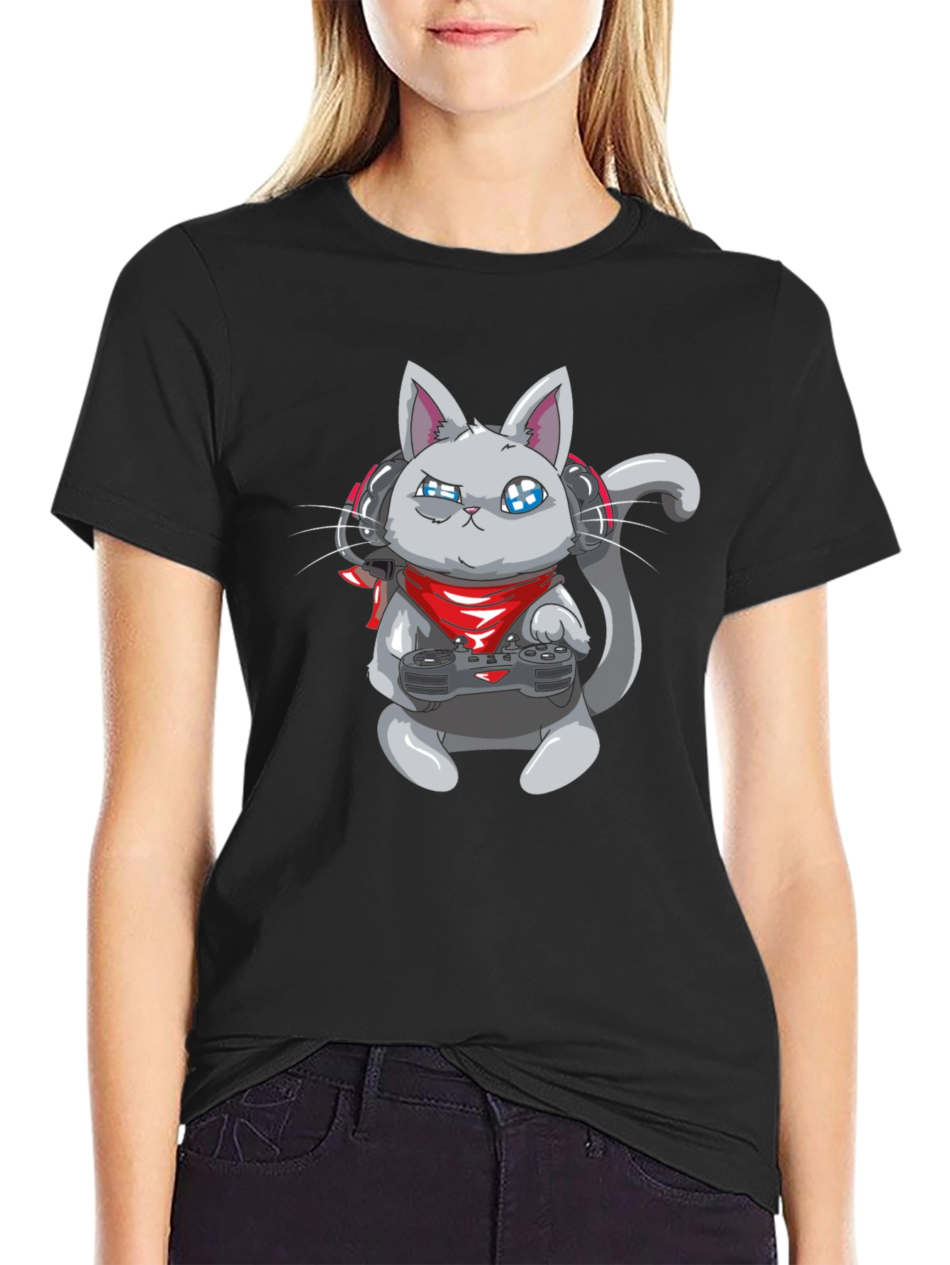 Gamer Cat Black T-Shirt - Gaming Cartoon Tee
