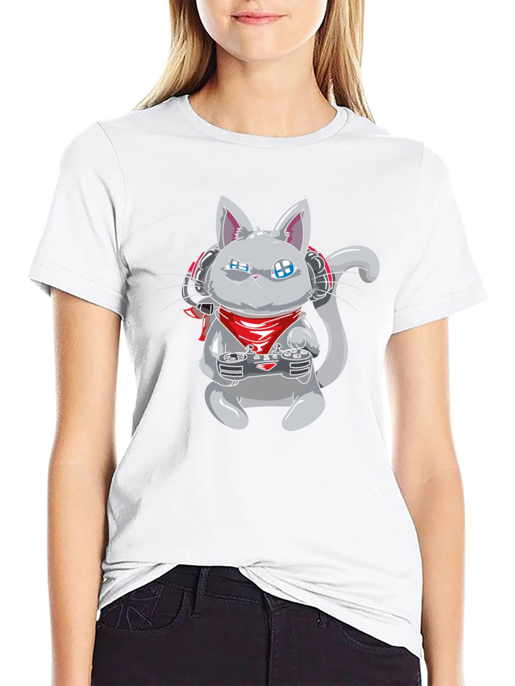 Gamer Cat Black T-Shirt - Gaming Cartoon Tee