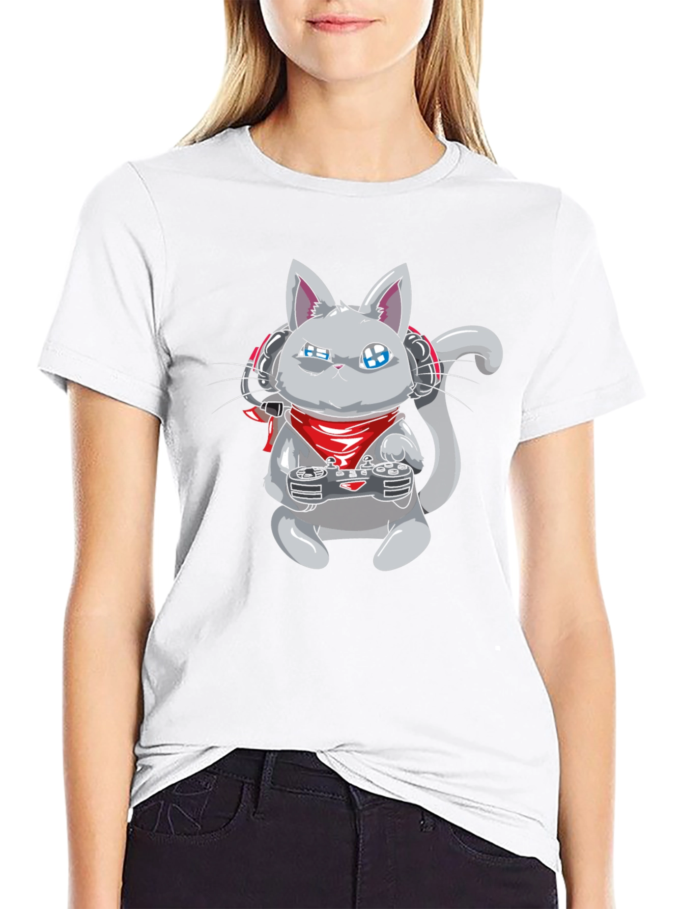 Gamer Cat Black T-Shirt - Gaming Cartoon Tee