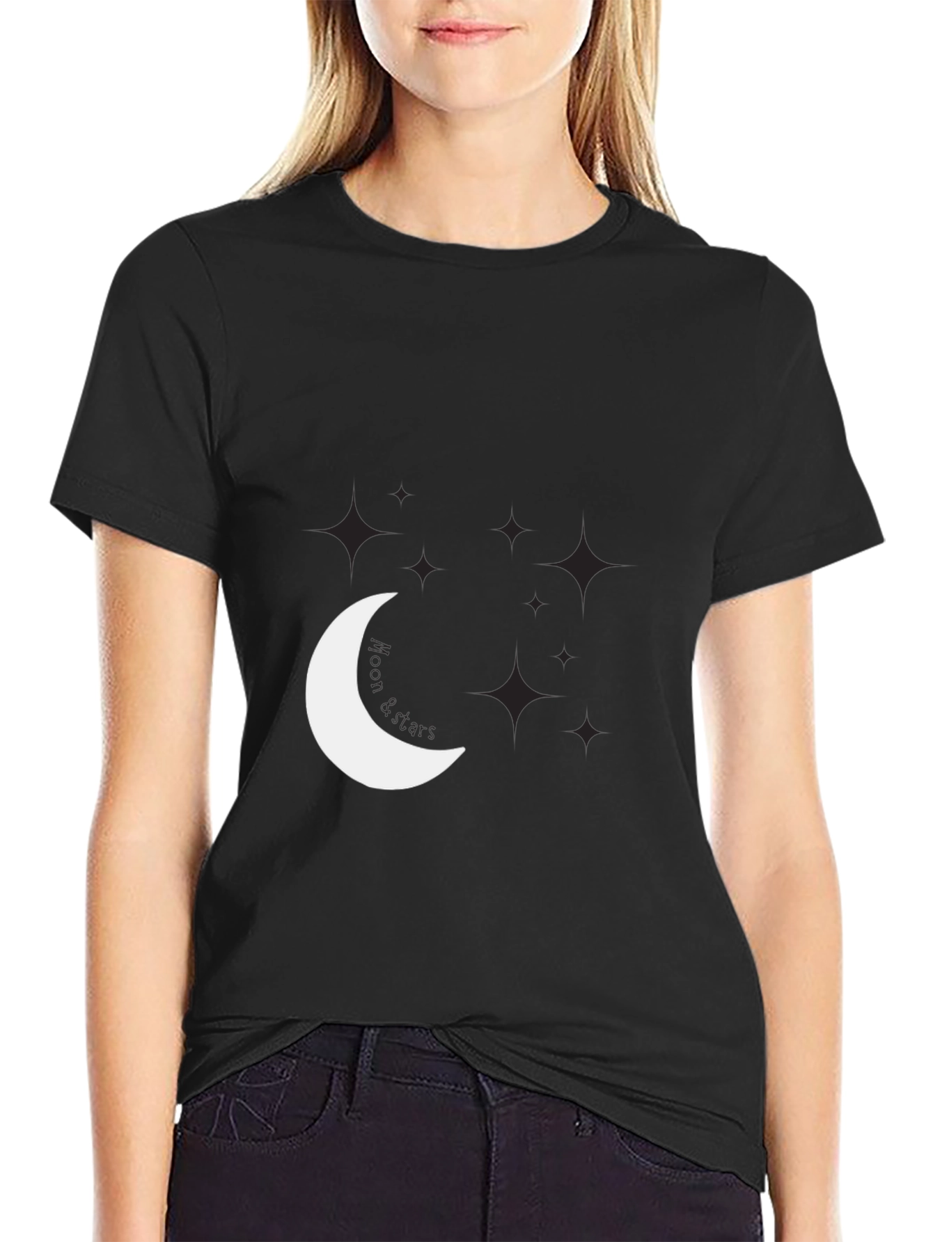 Night Sky Tee: Crescent Moon & Stars Graphic Black T-Shirt