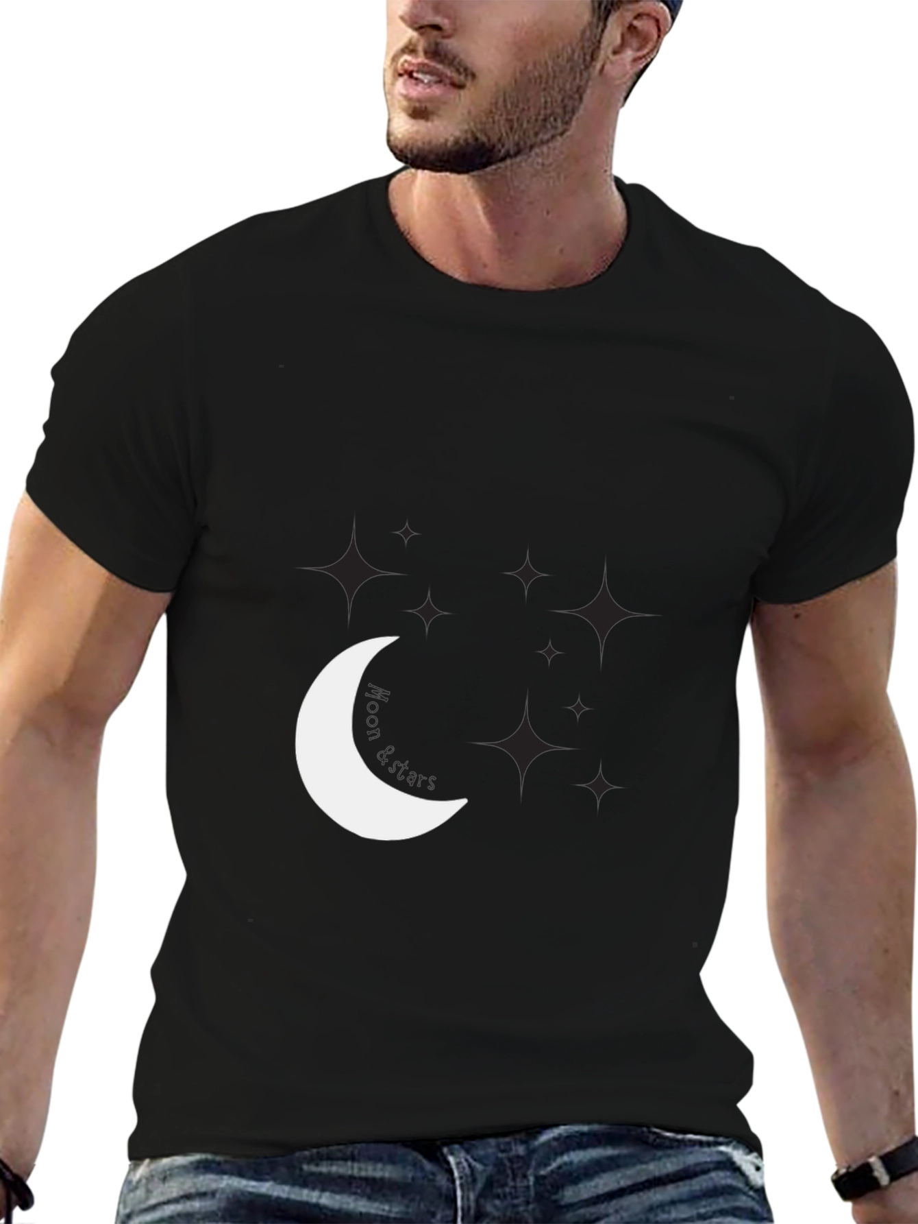 Night Sky Tee: Crescent Moon & Stars Graphic Black T-Shirt