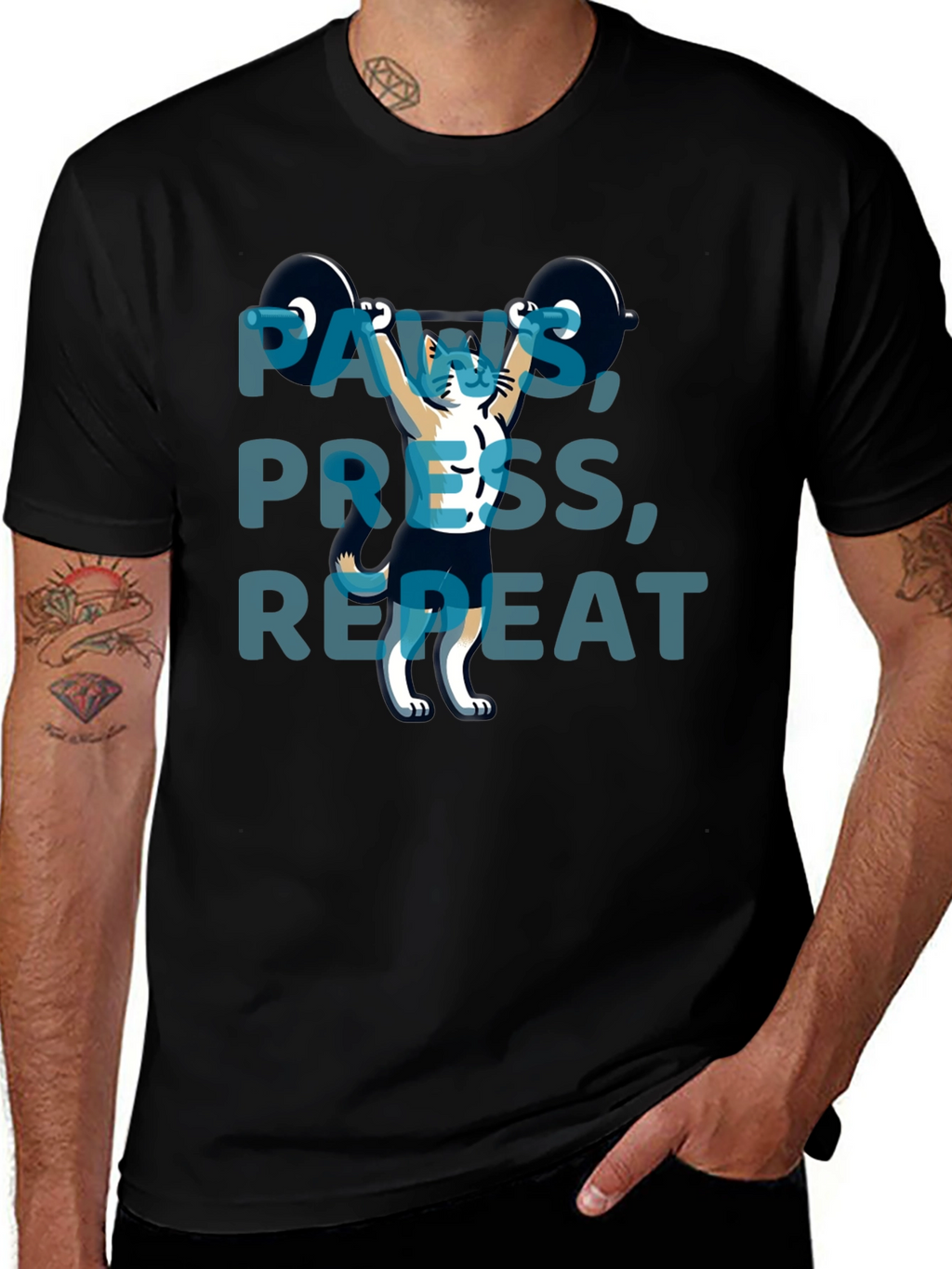 Paws Press Repeat Weightlifting Cat Graphic T-Shirt