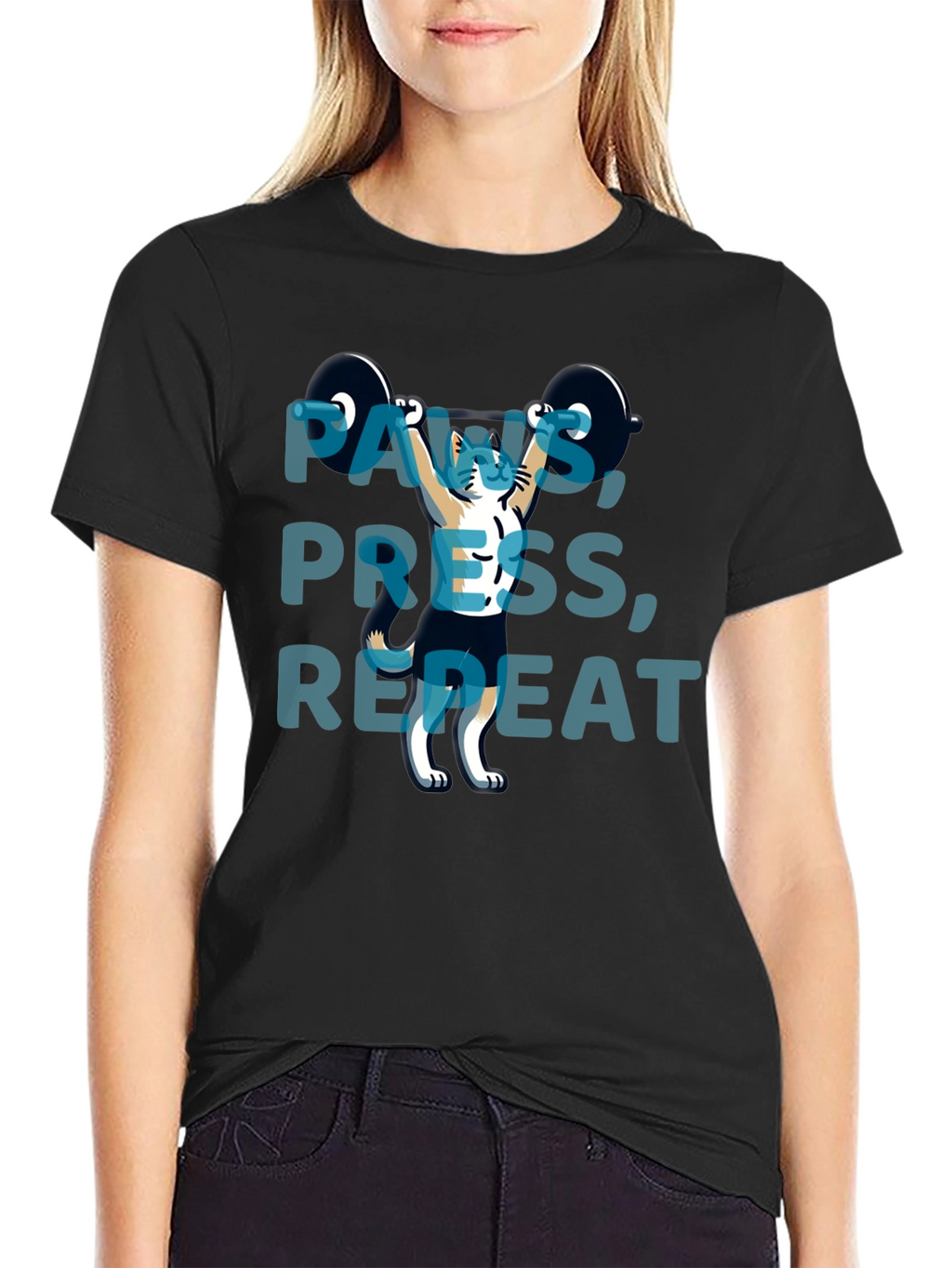Paws Press Repeat Weightlifting Cat Graphic T-Shirt