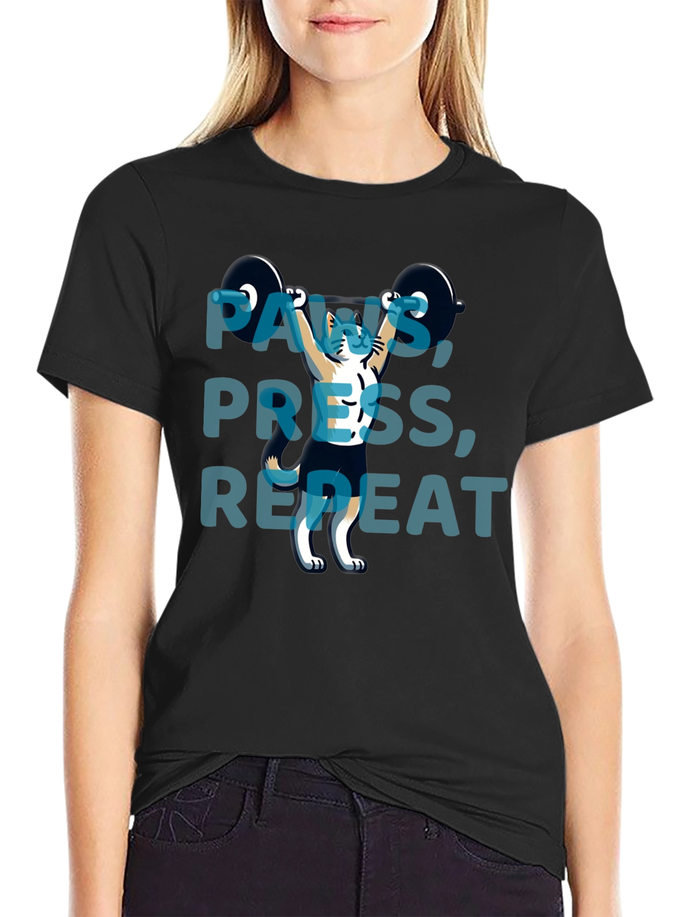 Paws Press Repeat Weightlifting Cat Graphic T-Shirt