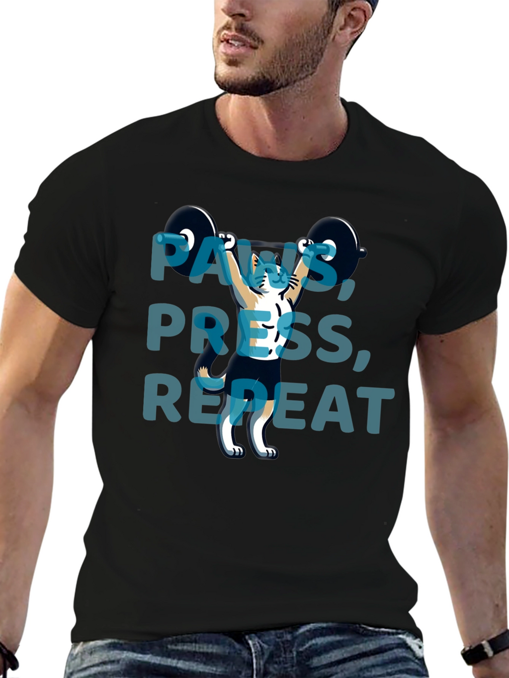 Paws Press Repeat Weightlifting Cat Graphic T-Shirt
