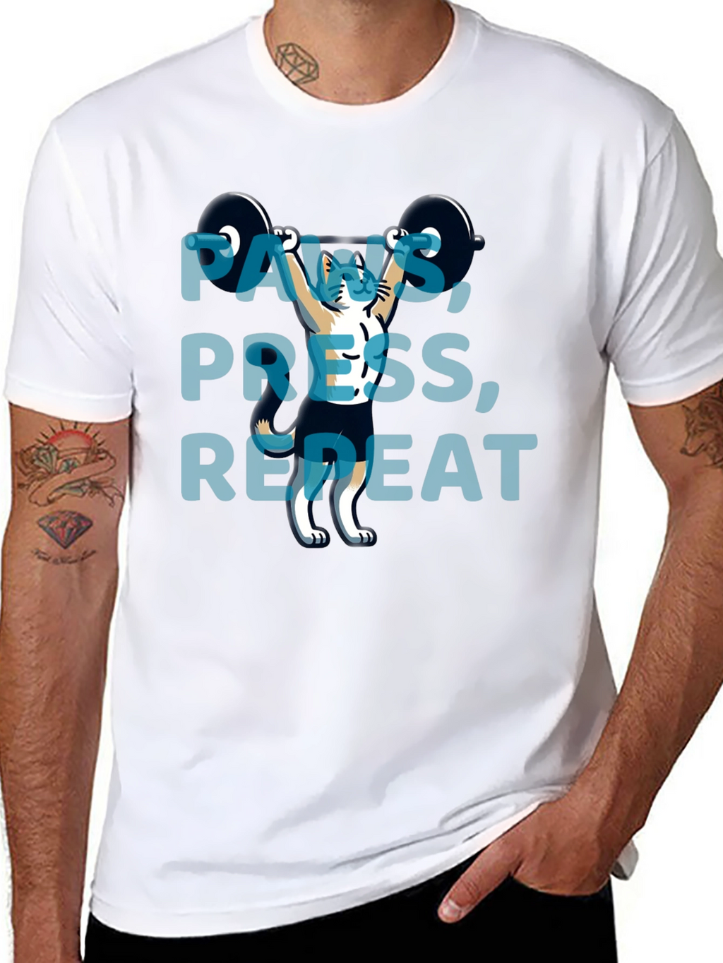 Paws Press Repeat Weightlifting Cat Graphic T-Shirt