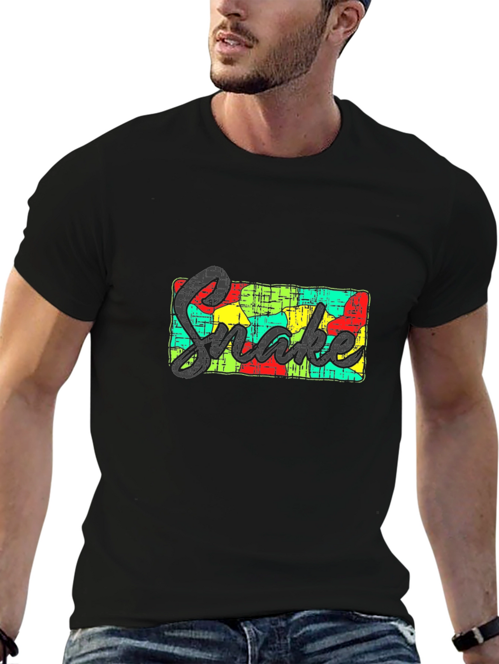 Mens Black Graphic Tee - Snake Design