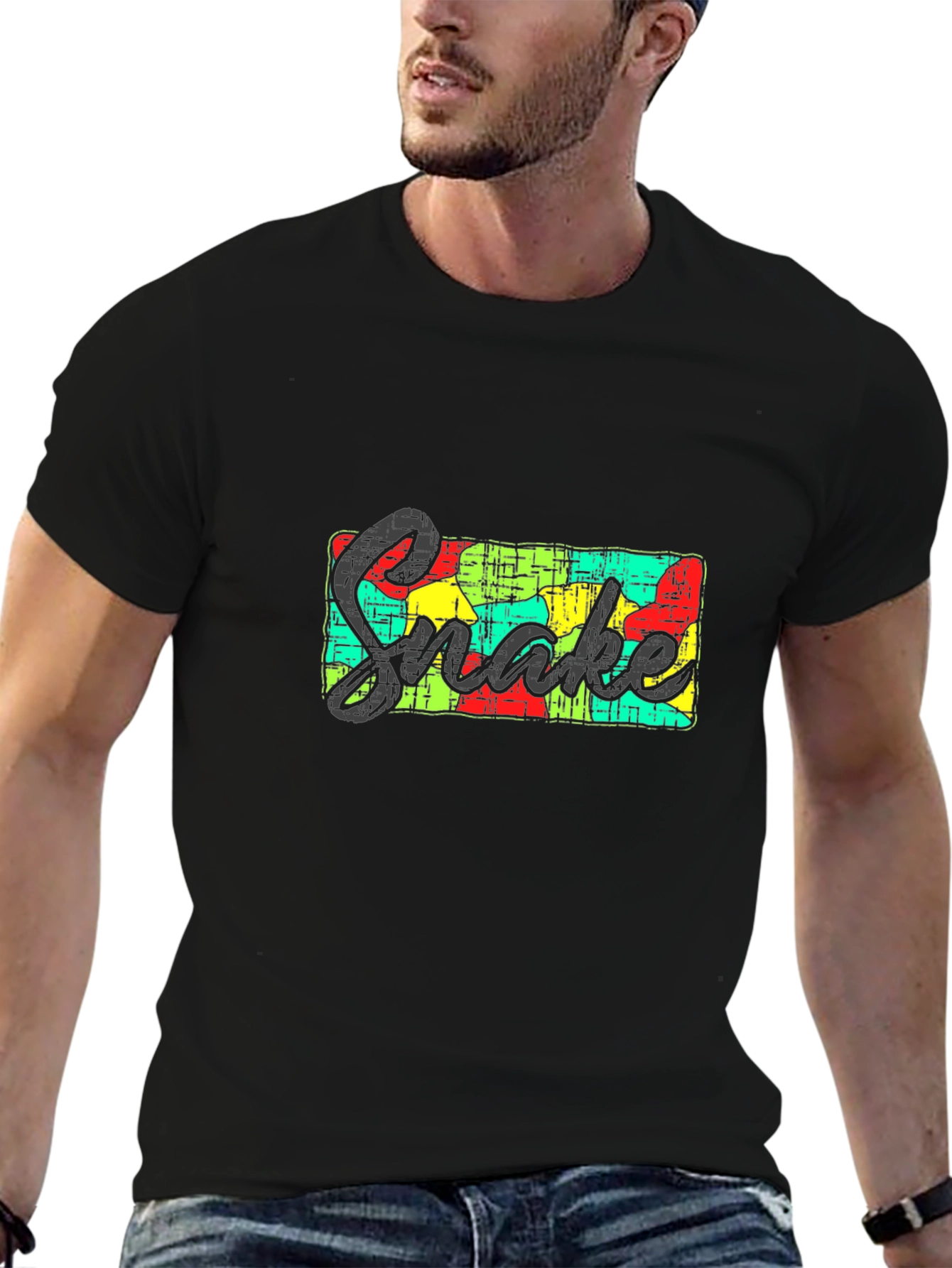 Mens Black Graphic Tee - Snake Design