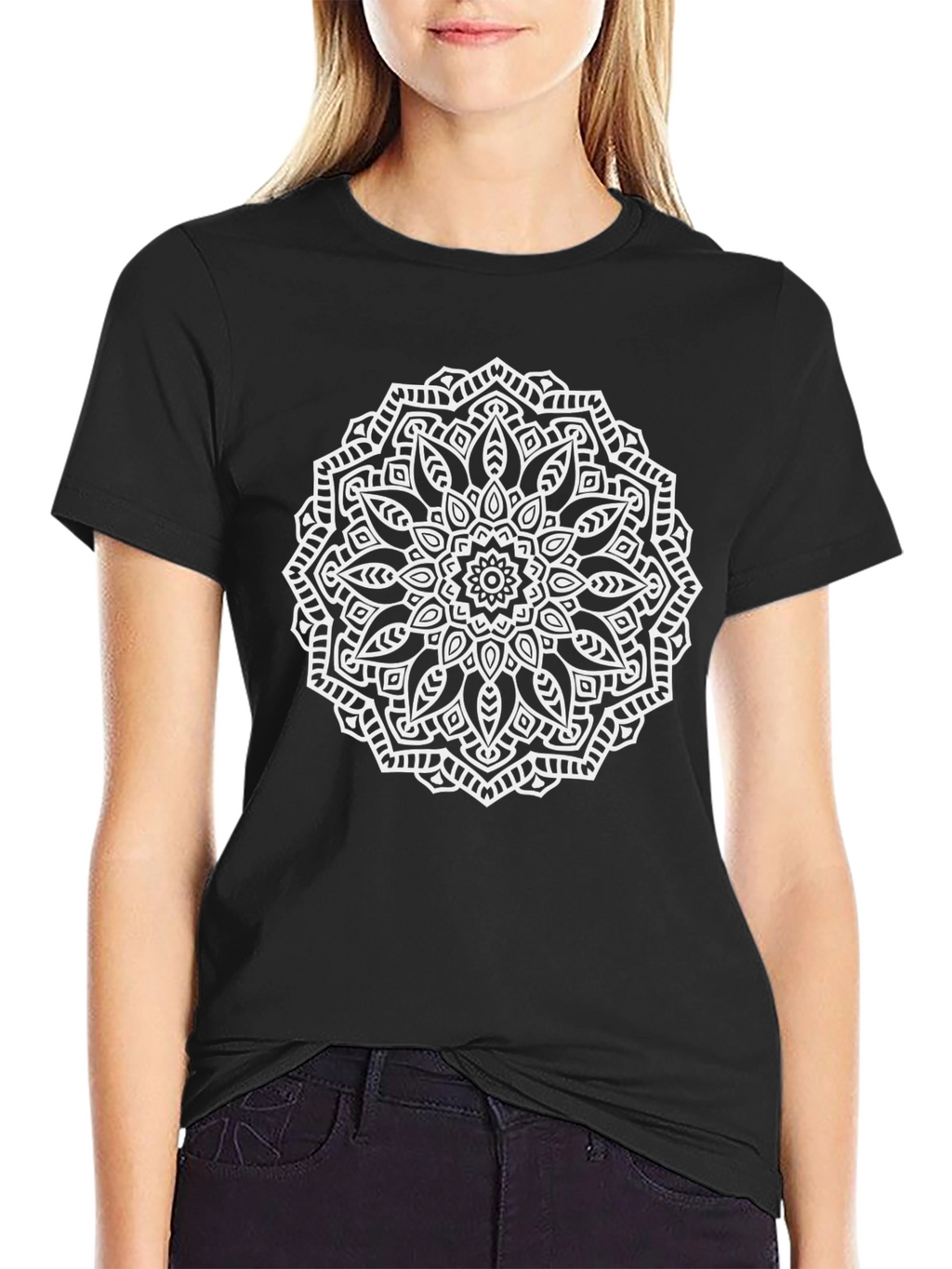 Black T-Shirt with White Mandala Design