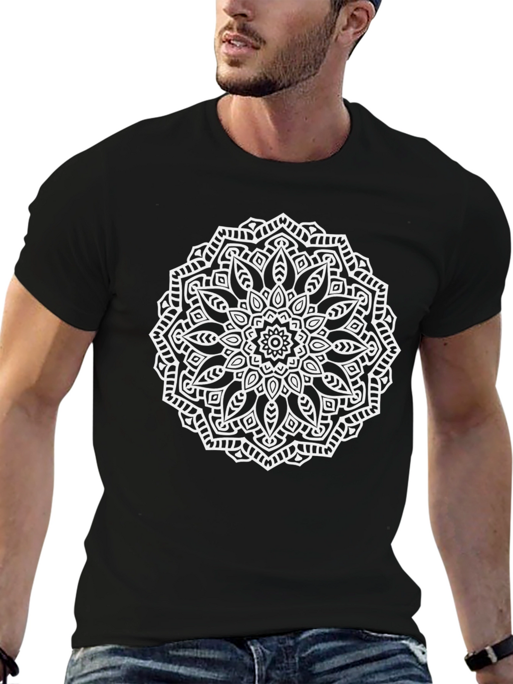 Black T-Shirt with White Mandala Design