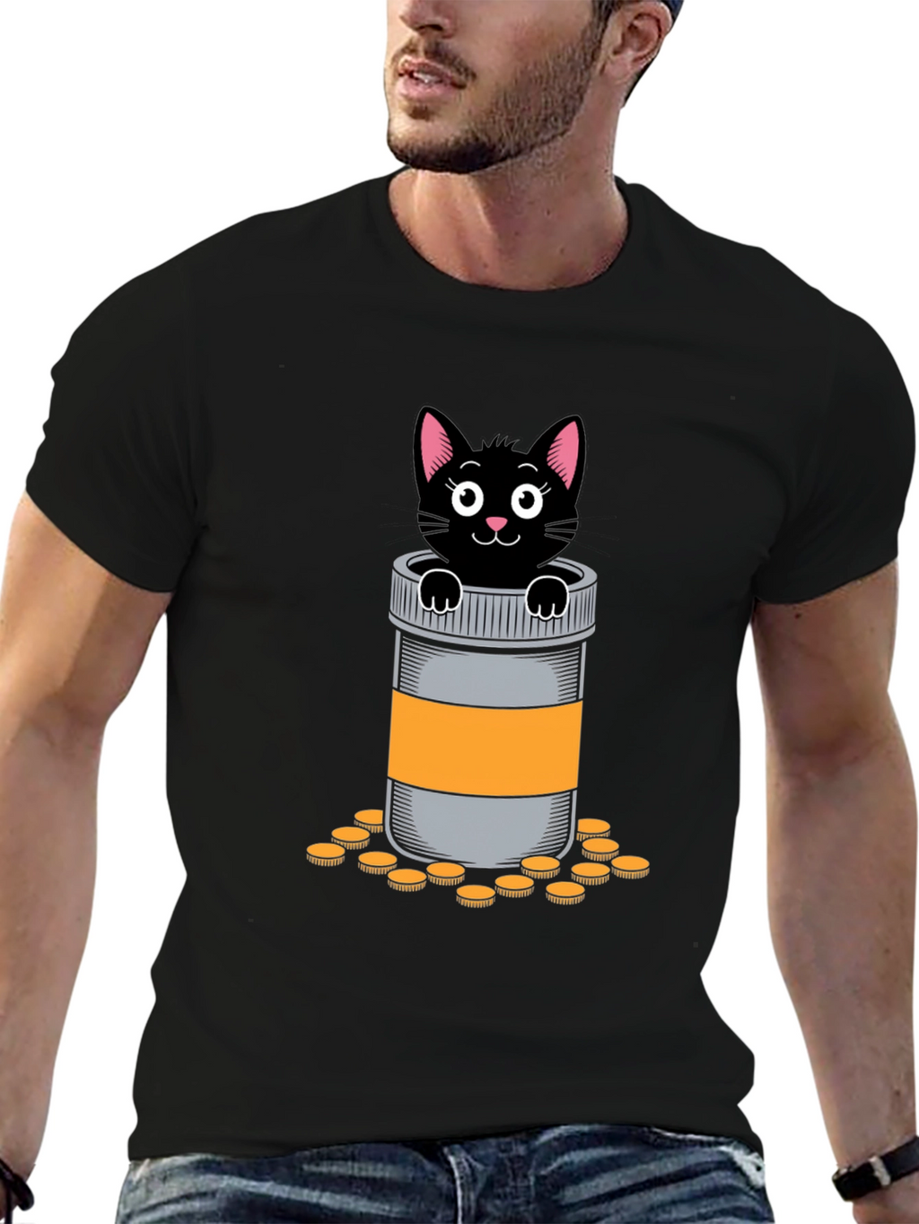 Cat in Pill Bottle Graphic T-Shirt