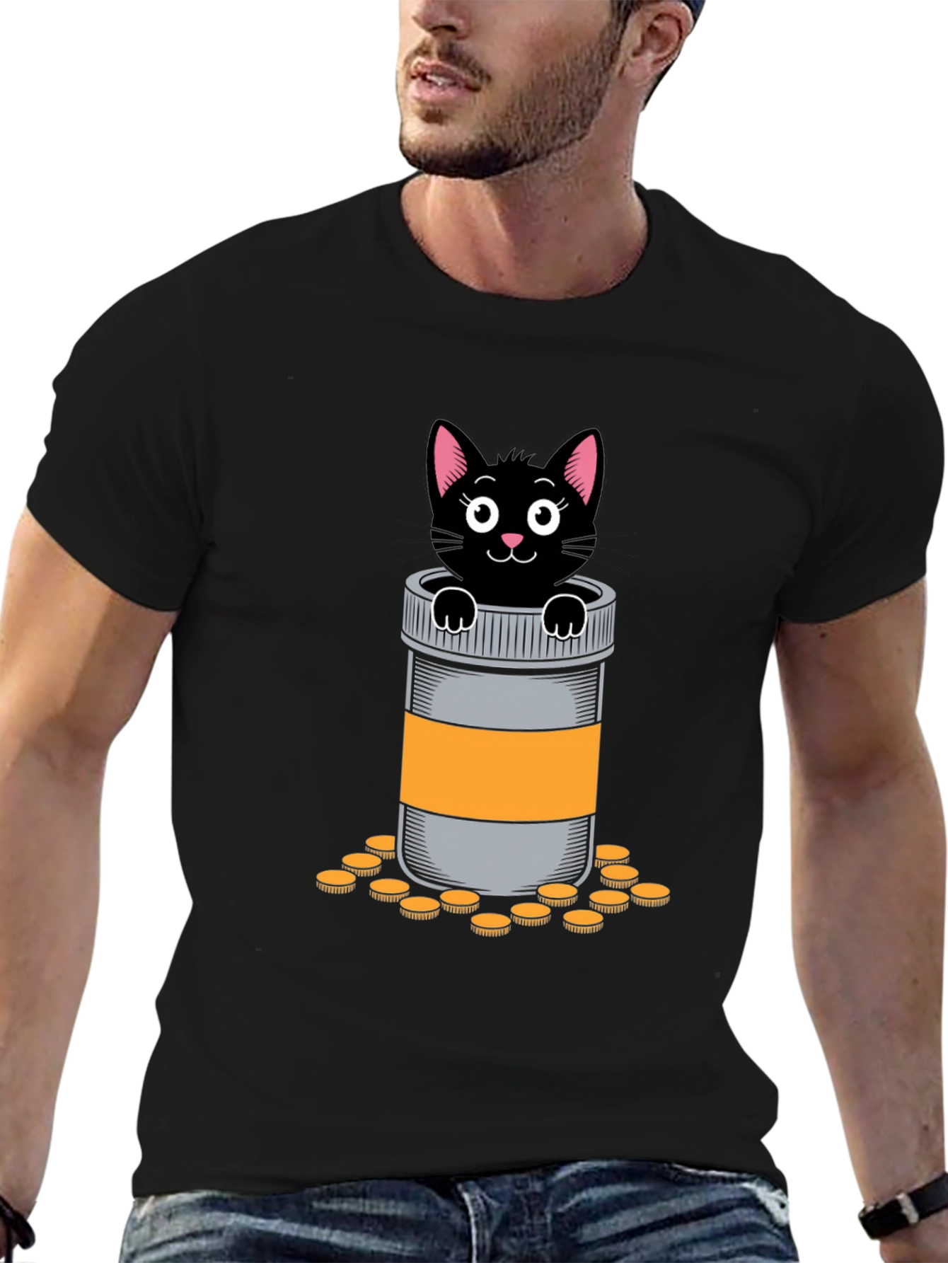 Cat in Pill Bottle Graphic T-Shirt