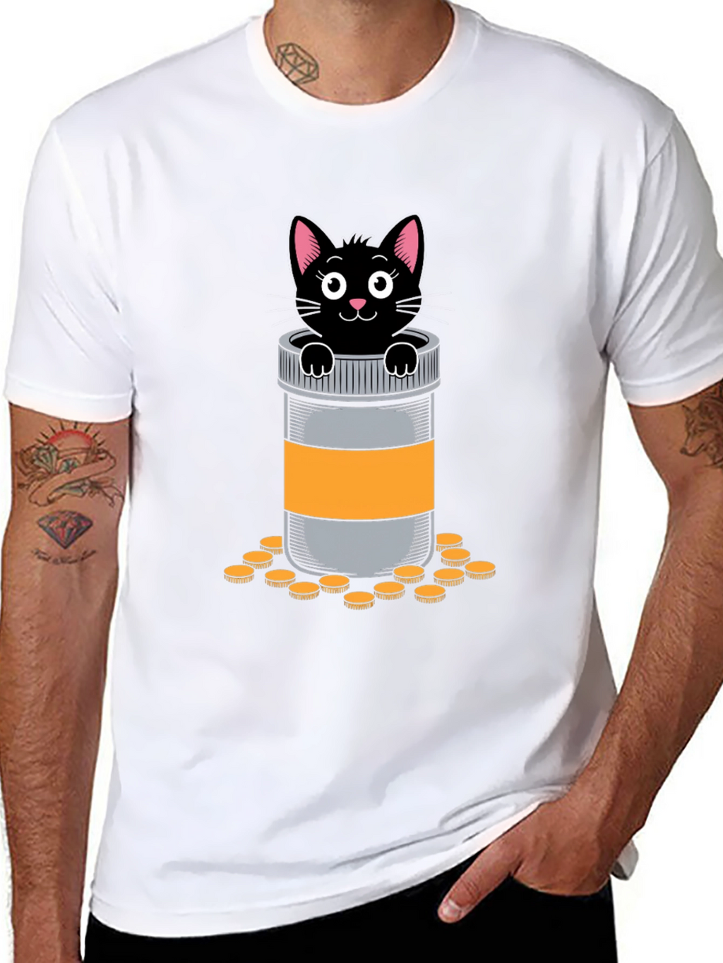 Cat in Pill Bottle Graphic T-Shirt