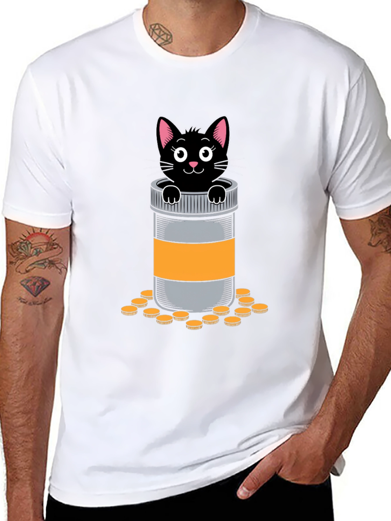Cat in Pill Bottle Graphic T-Shirt