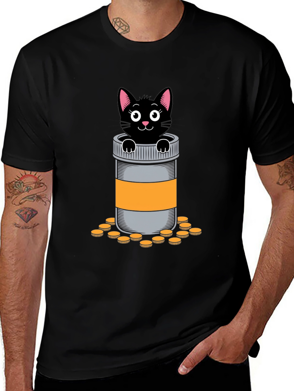 Cat in Pill Bottle Graphic T-Shirt