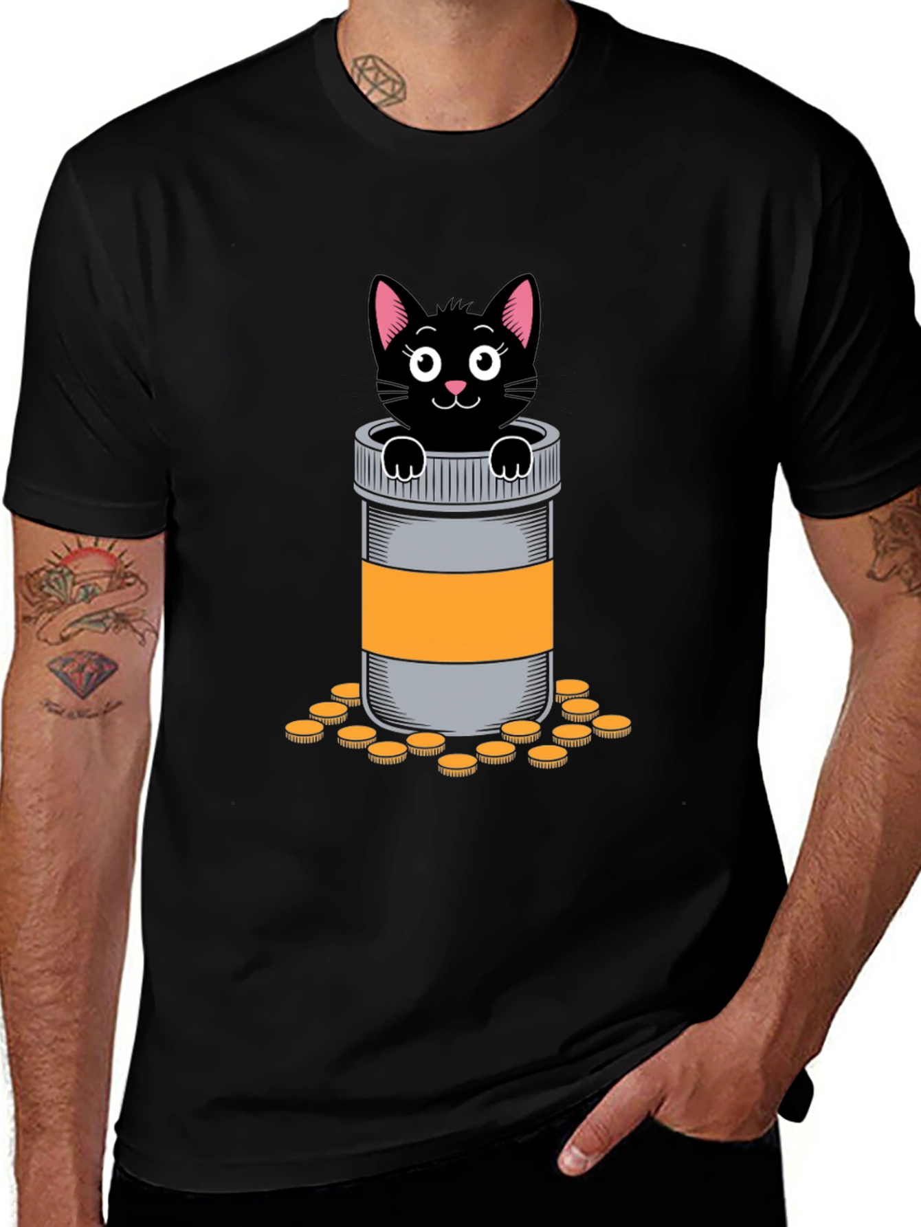 Cat in Pill Bottle Graphic T-Shirt