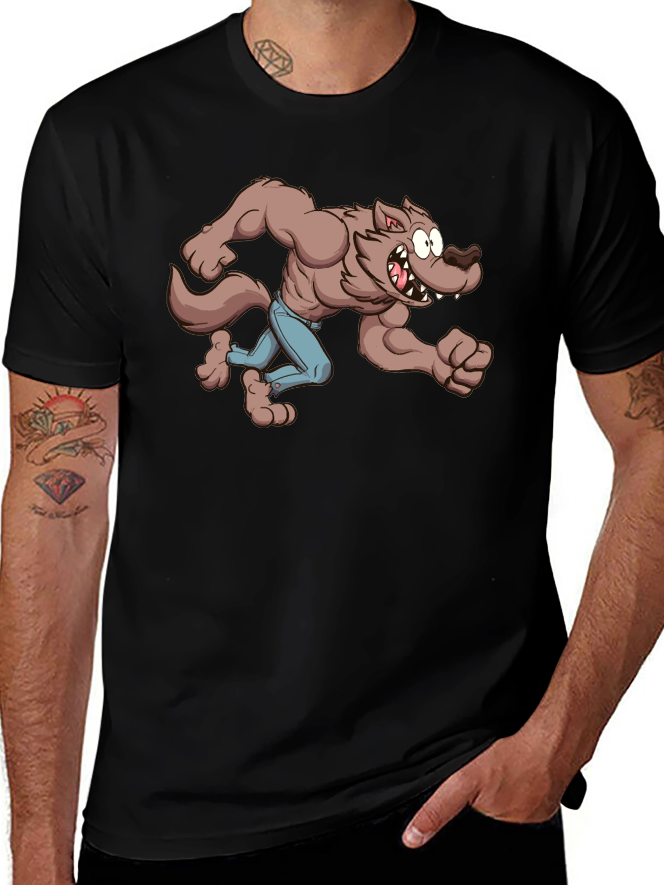 Cartoon Werewolf Graphic Tee - Black