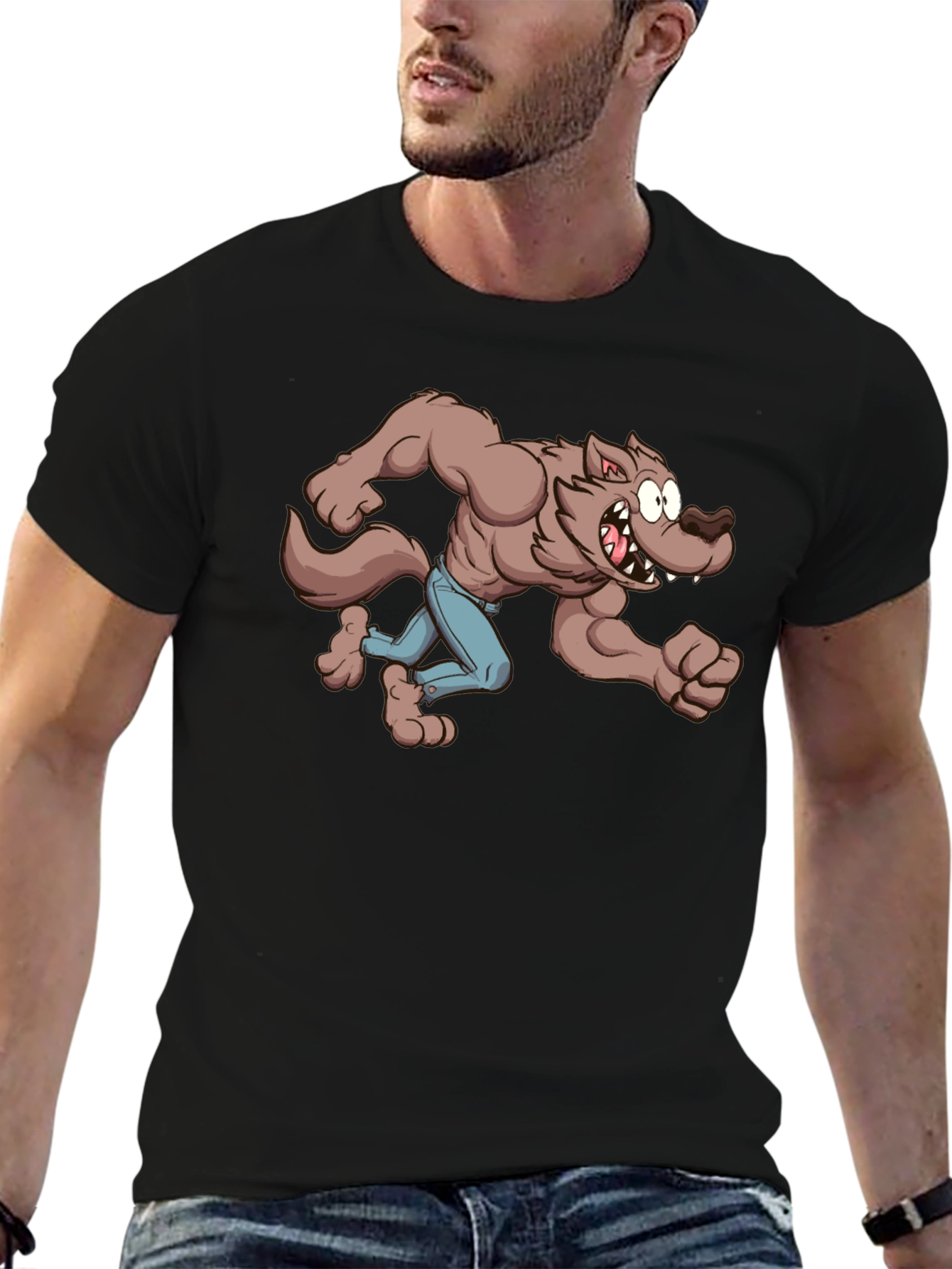 Cartoon Werewolf Graphic Tee - Black