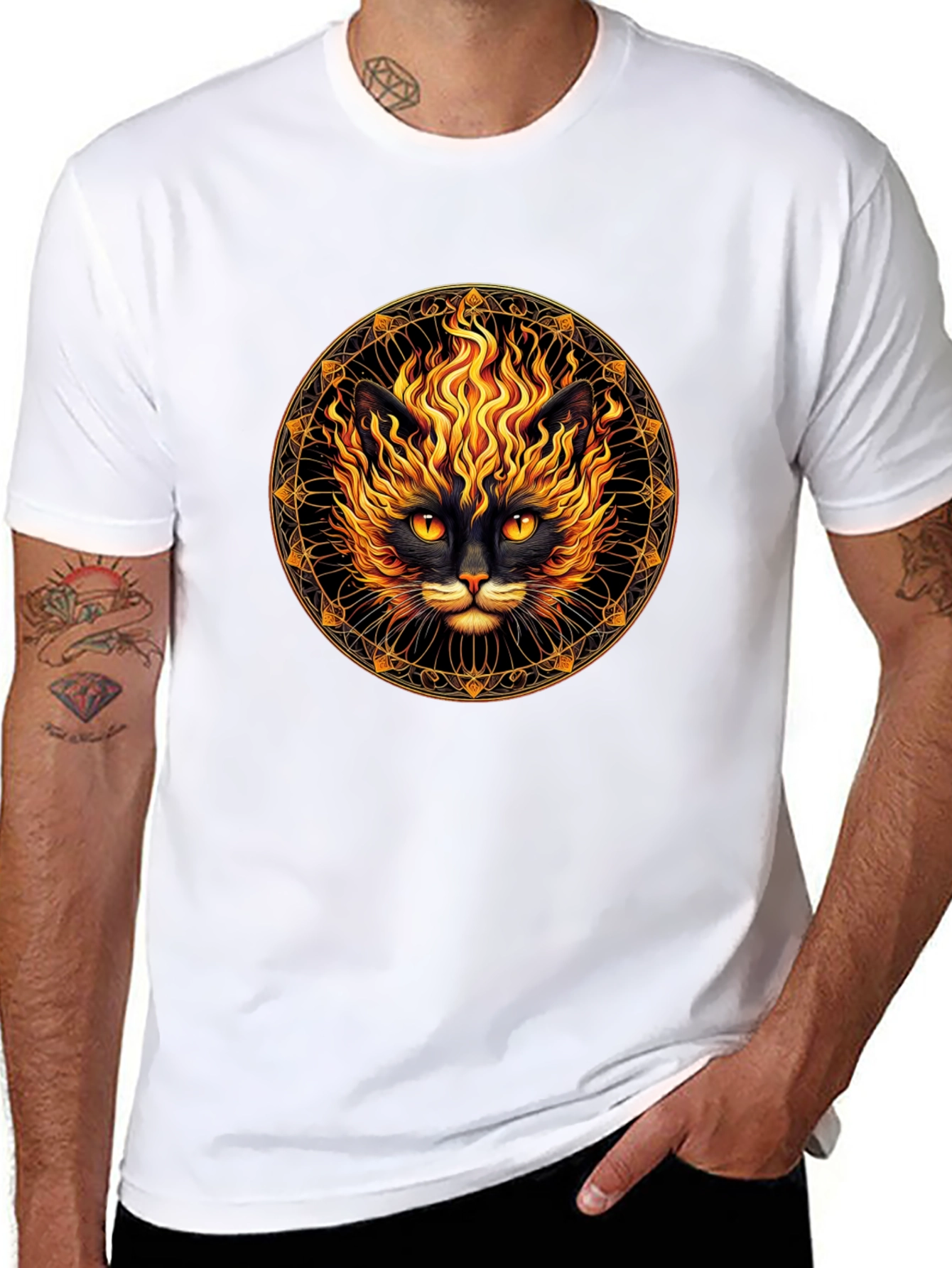 Fiery Cat Graphic T-Shirt - Black