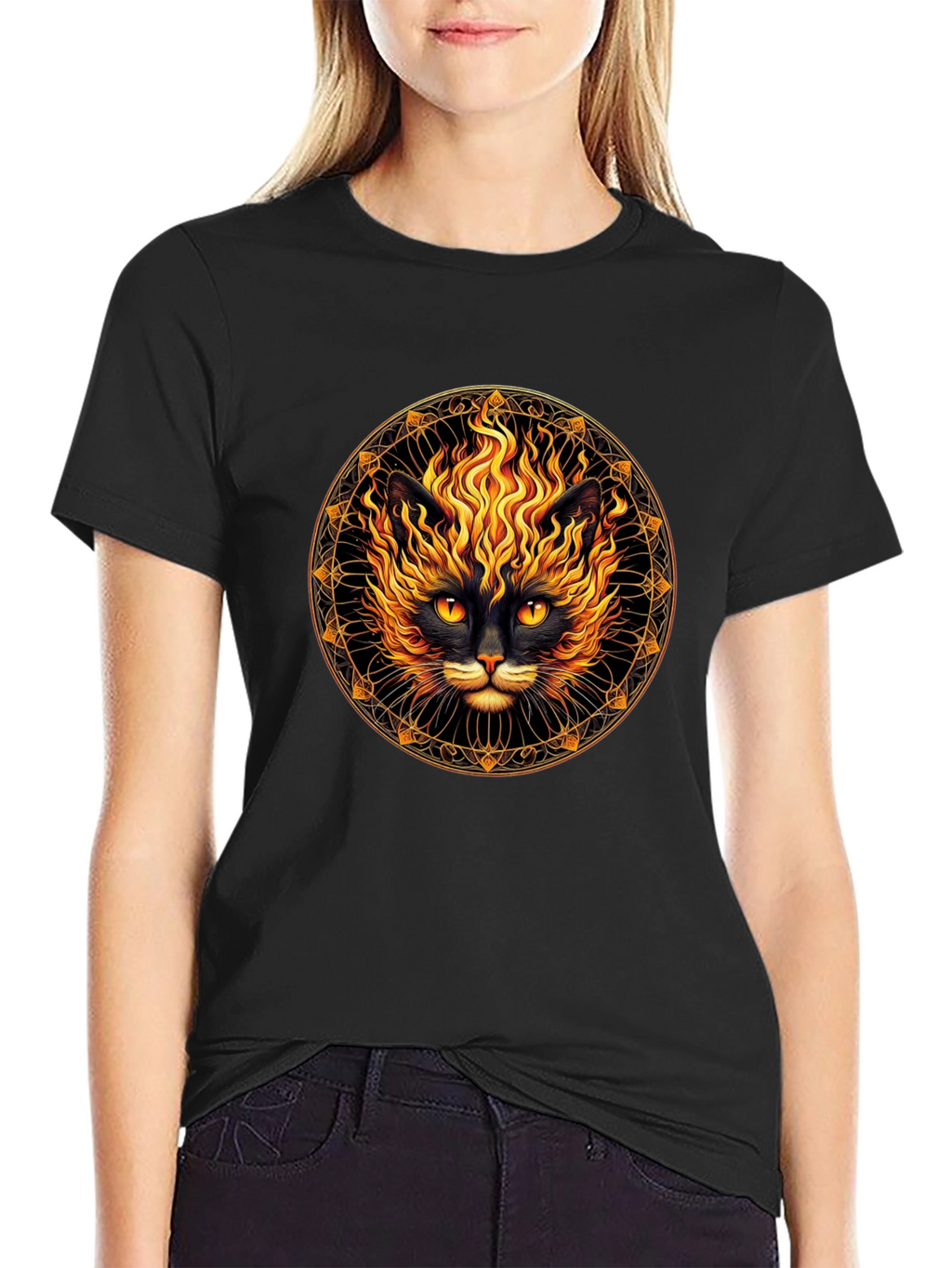 Fiery Cat Graphic T-Shirt - Black