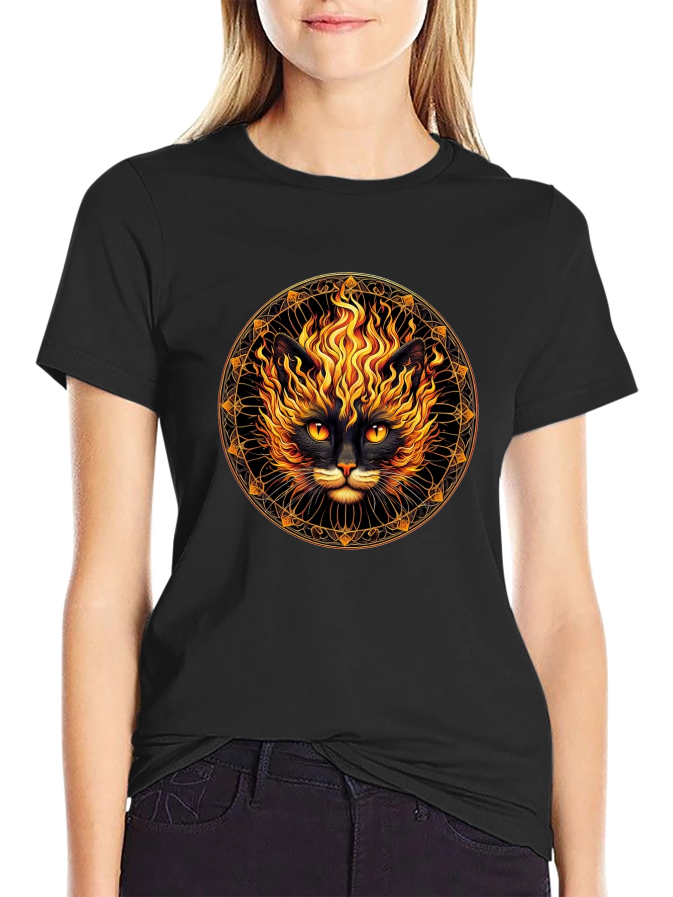 Fiery Cat Graphic T-Shirt - Black